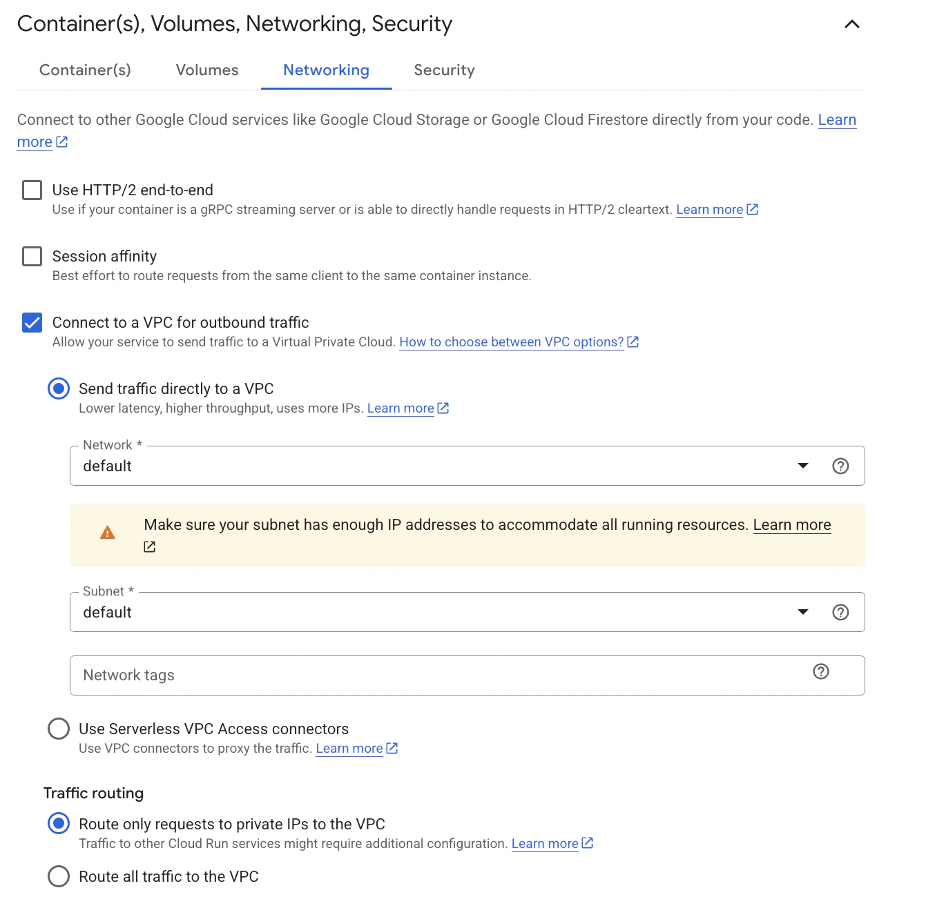Cloud Run container network settings UI
