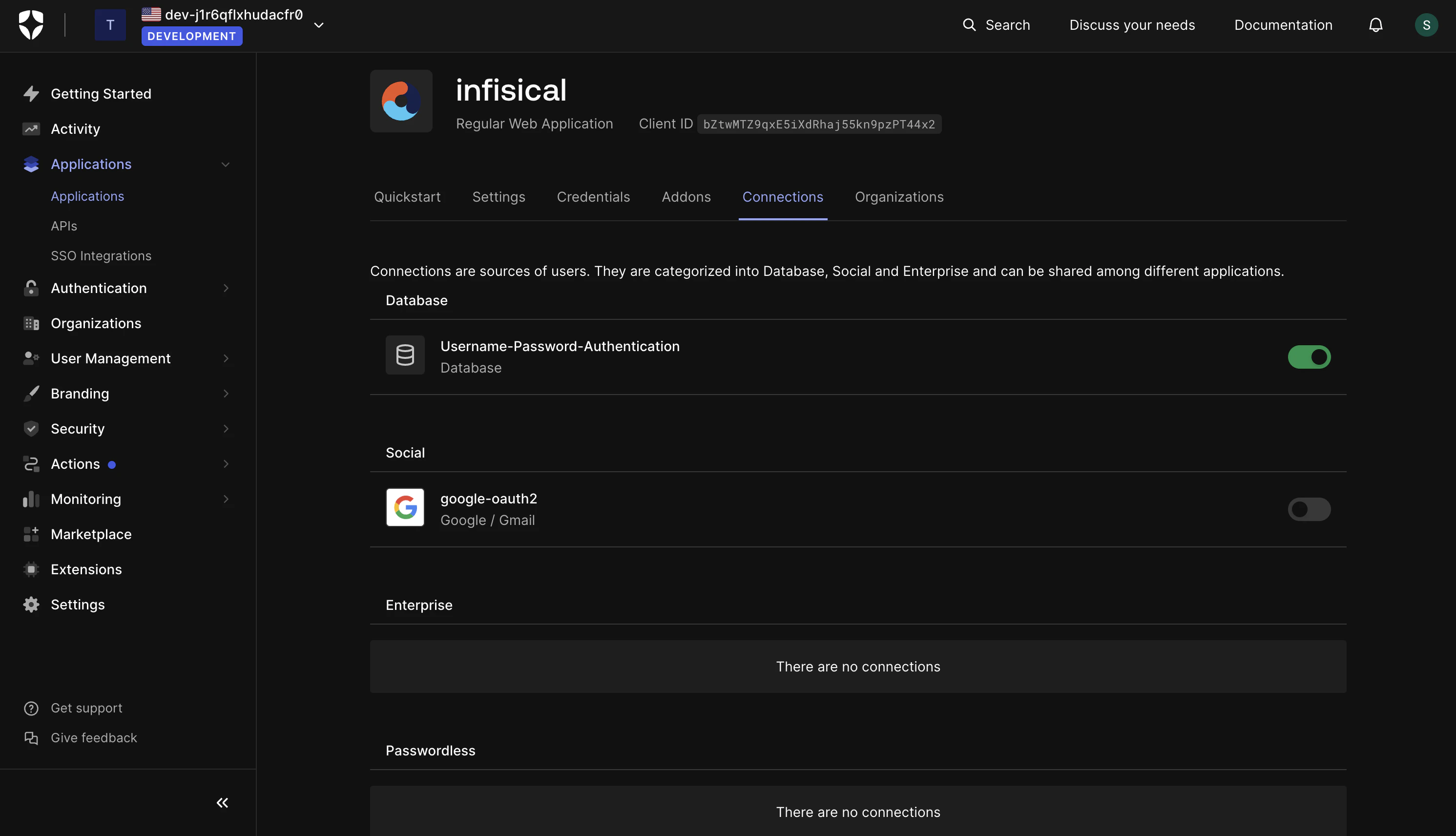 OIDC auth0 application connections
