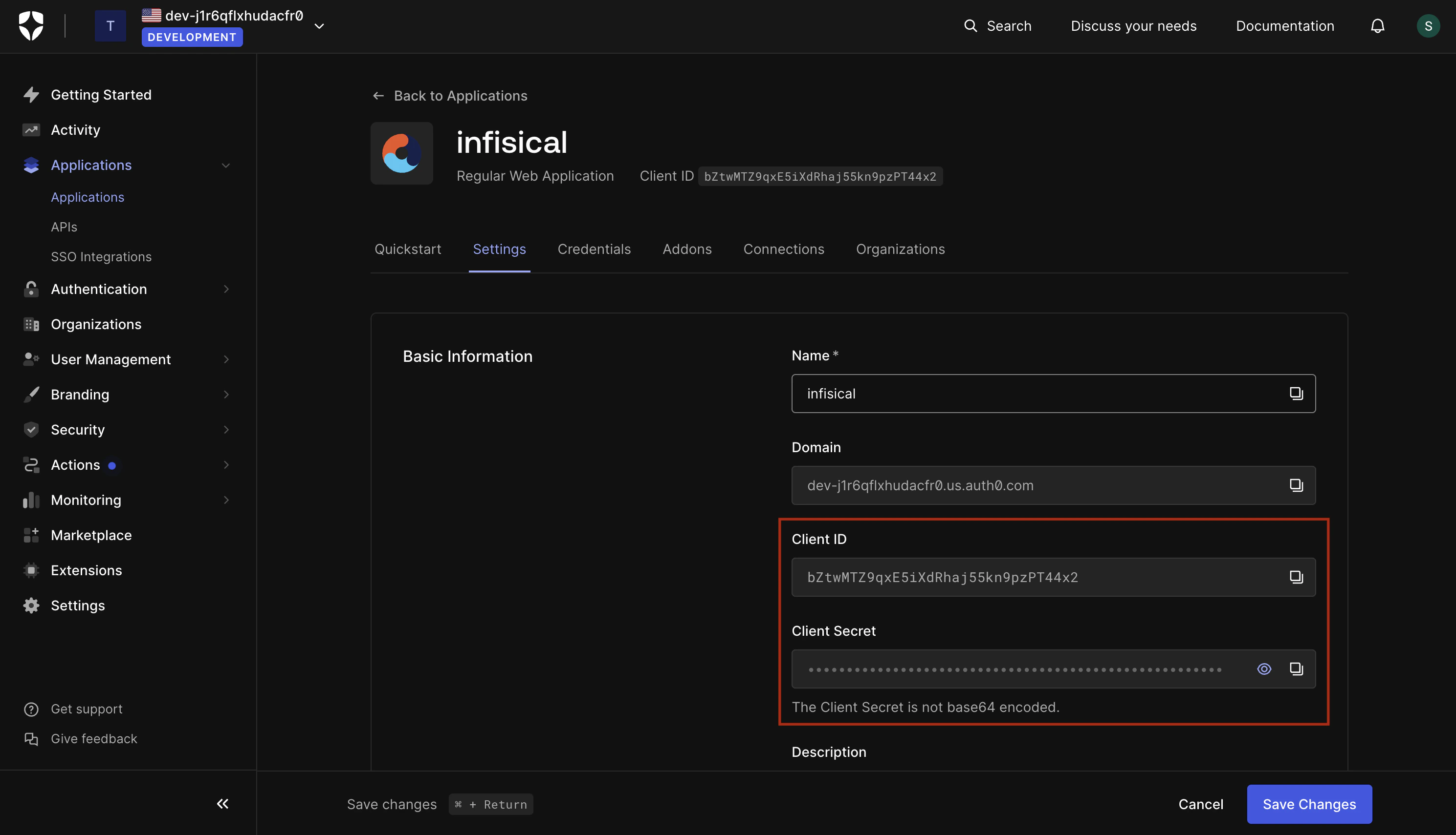 OIDC auth0 application credential