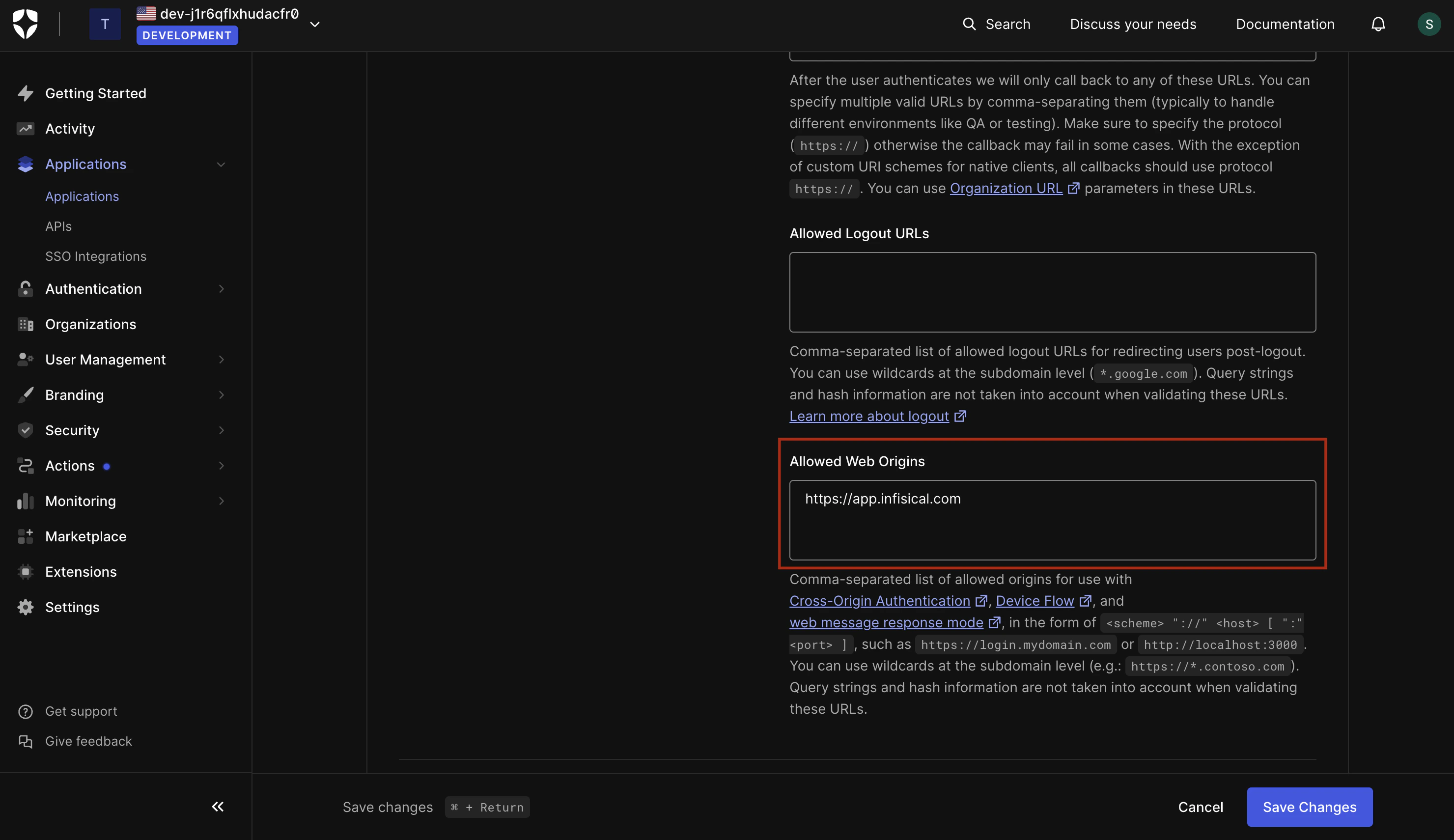 OIDC auth0 create application origin