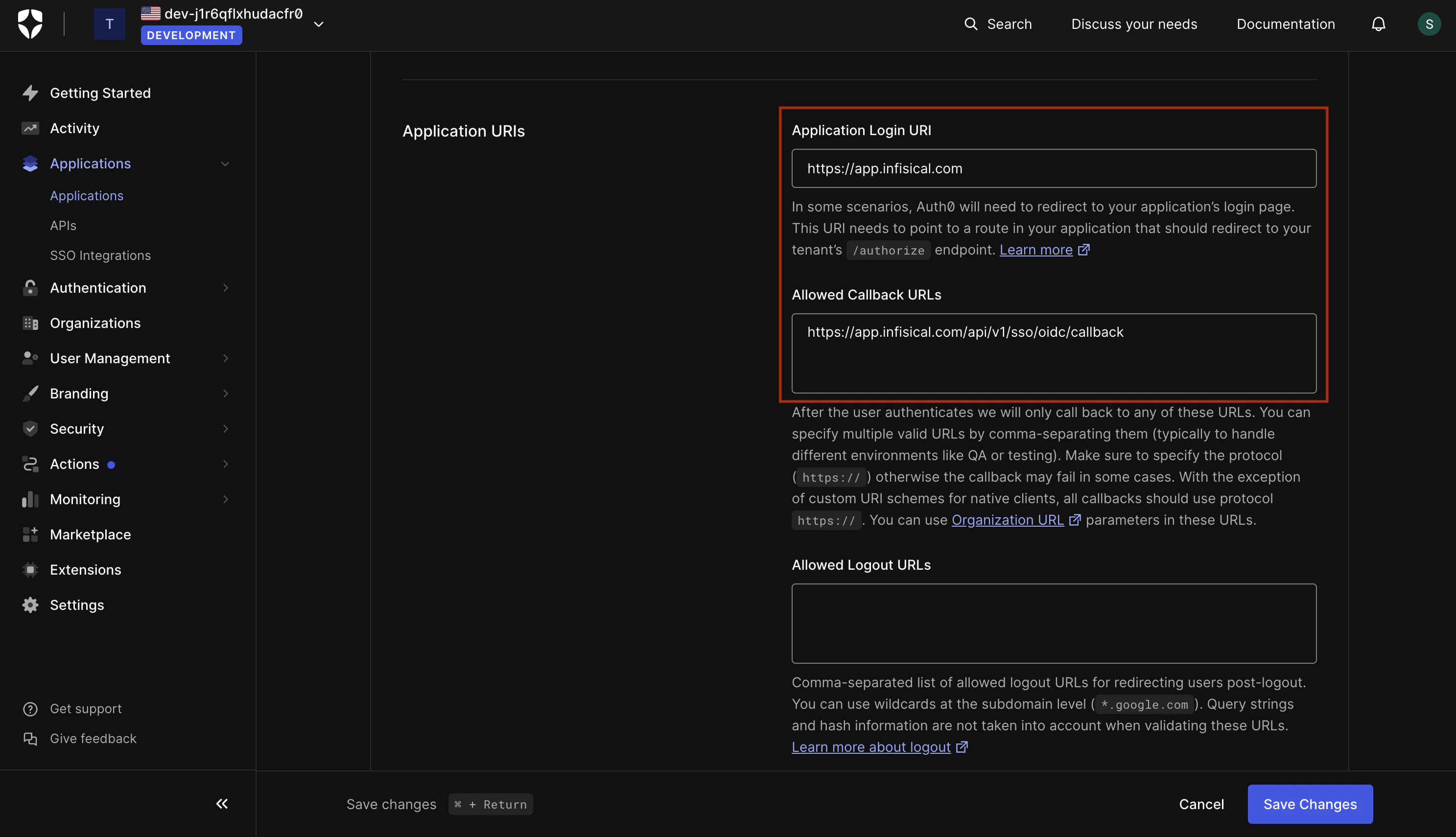 OIDC auth0 create application uris