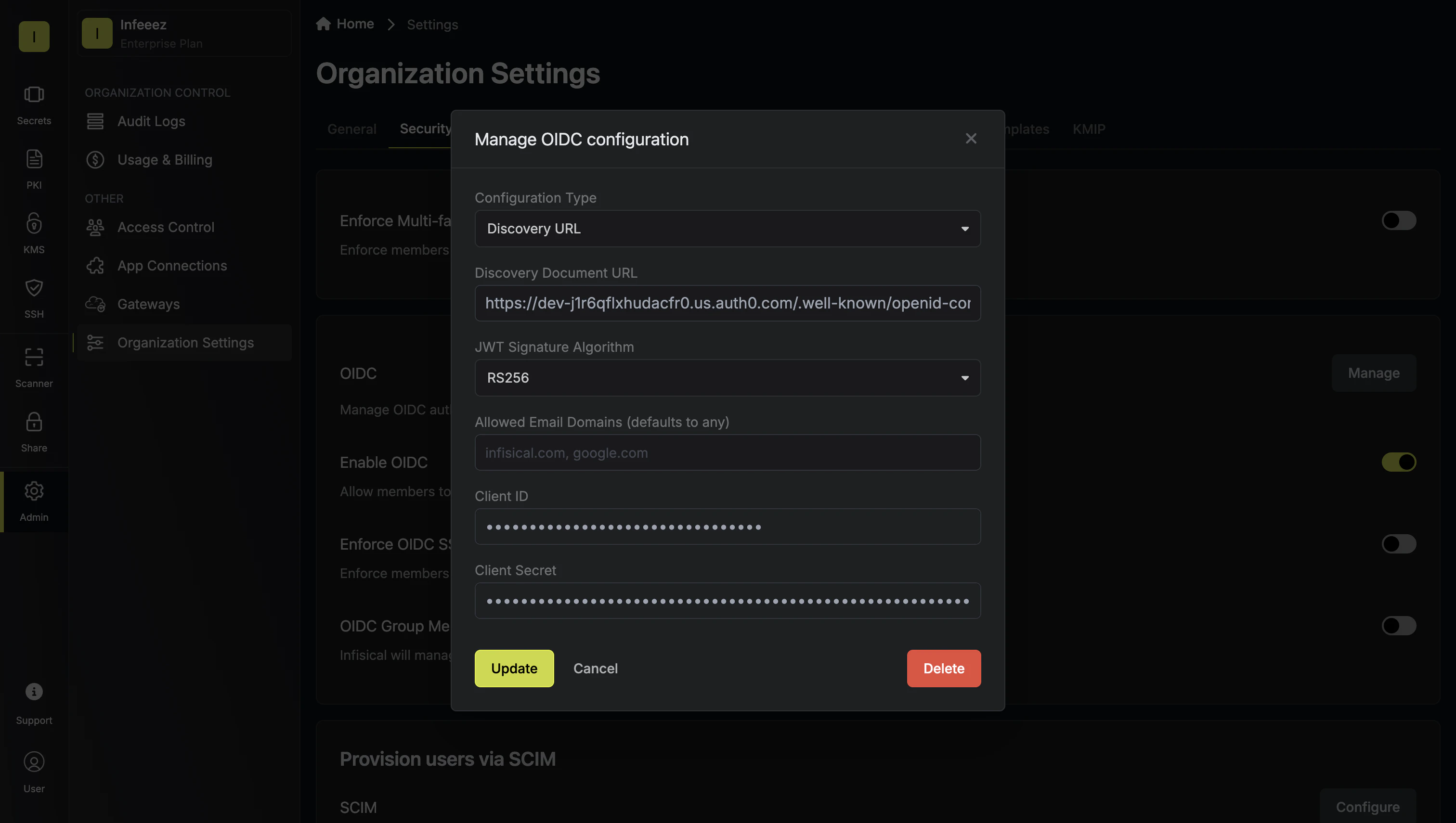 OIDC auth0 paste values into Infisical