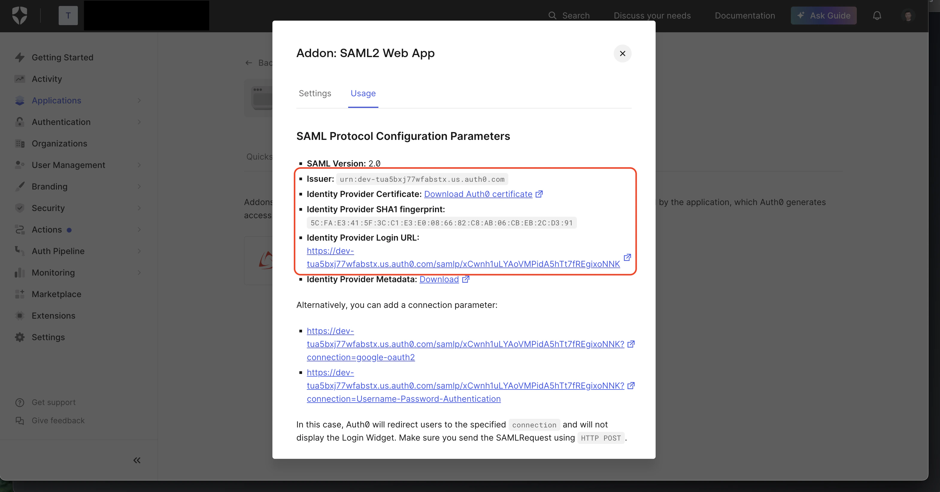 Auth0 SAML config