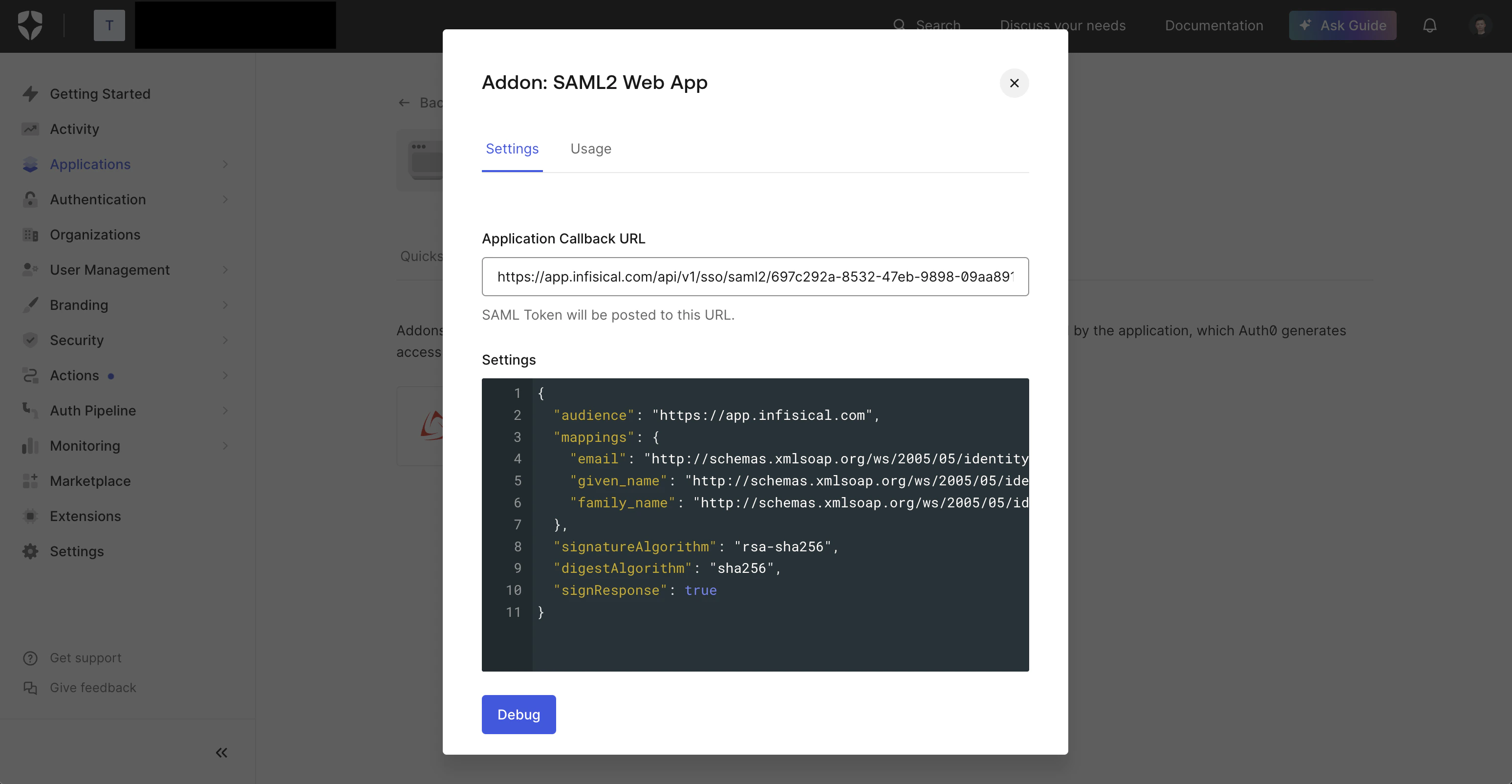 Auth0 SAML config