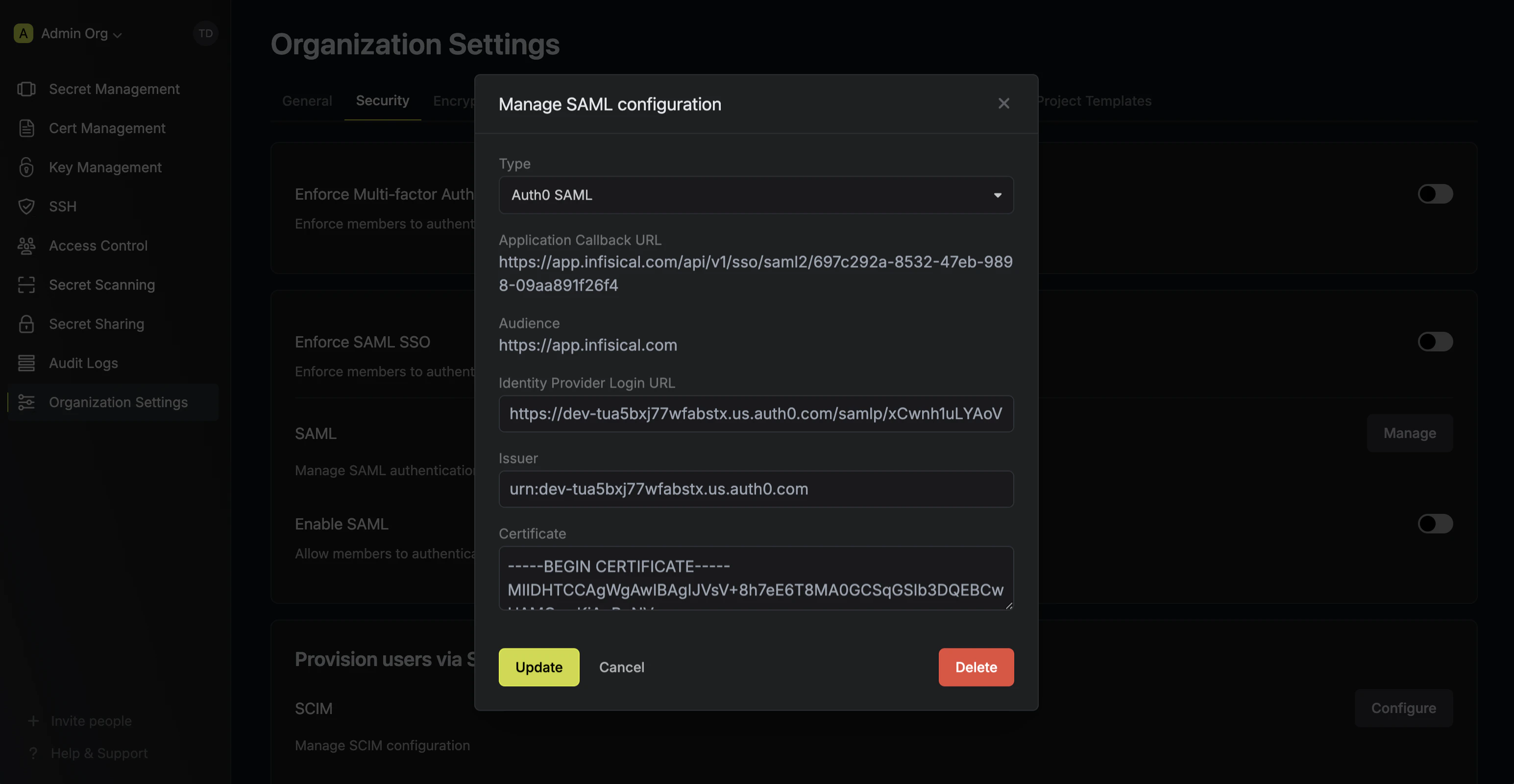 Auth0 SAML Infisical config