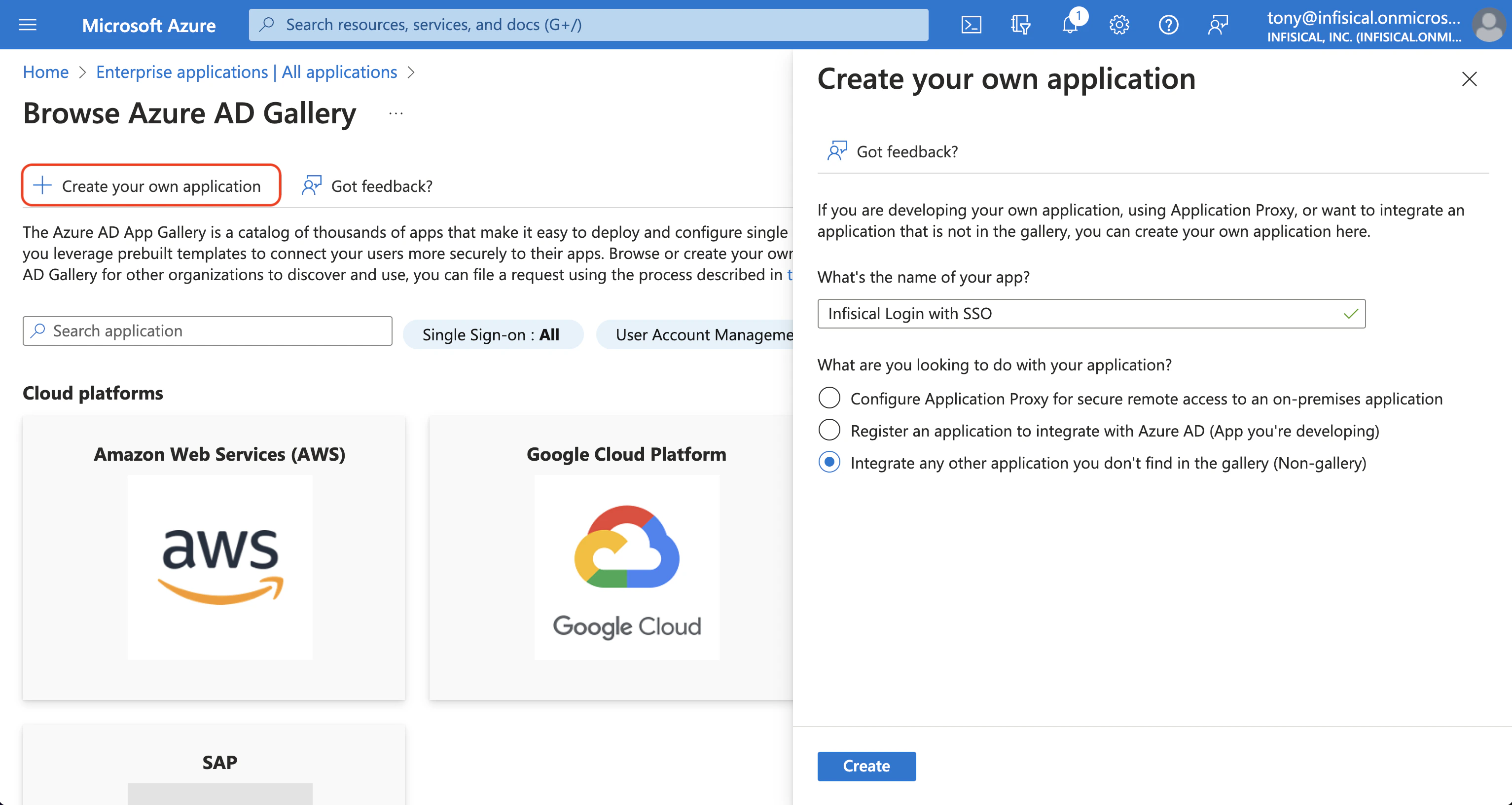 Azure SAML create own application