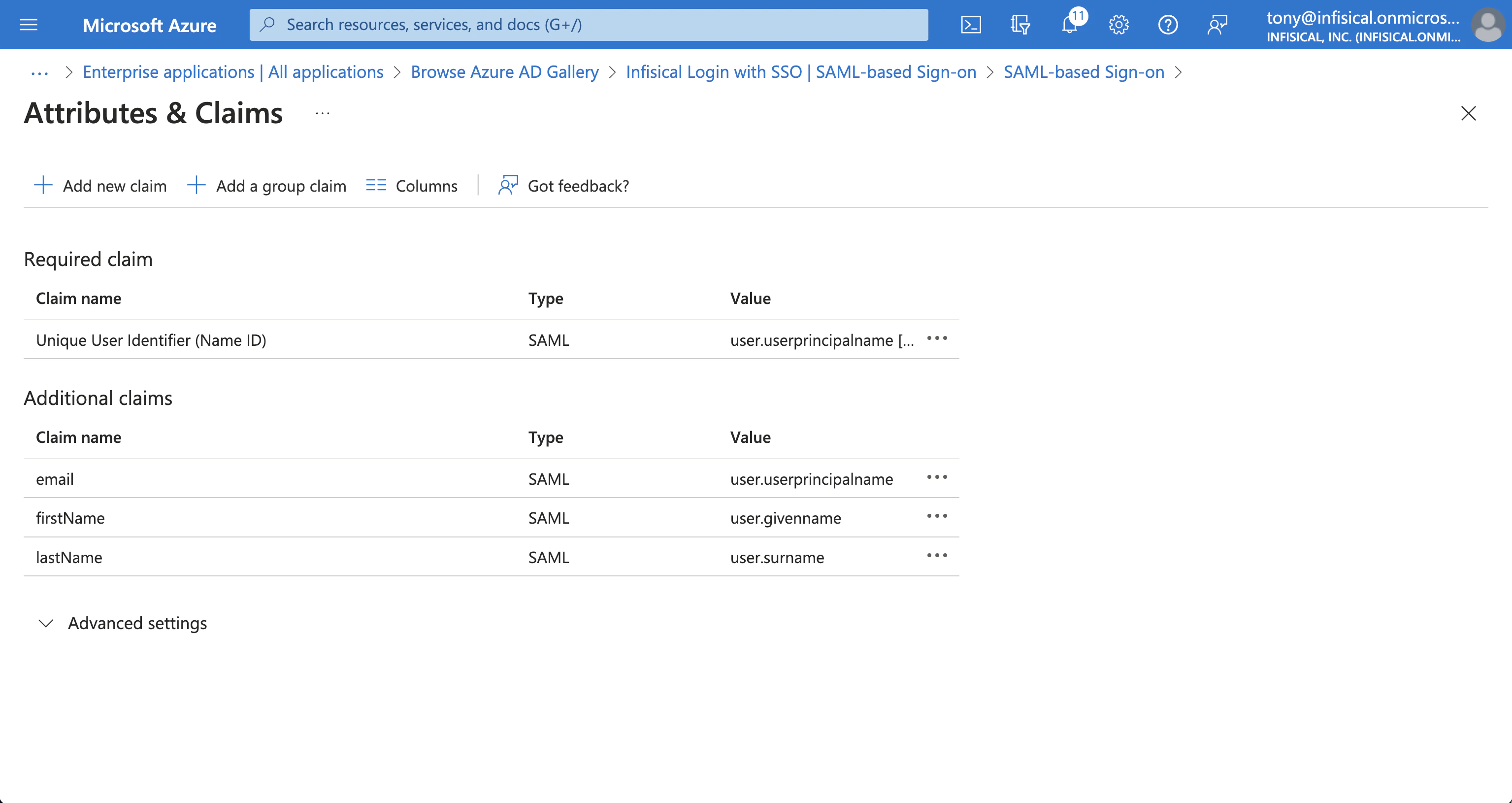 Azure SAML edit attributes and claims 2