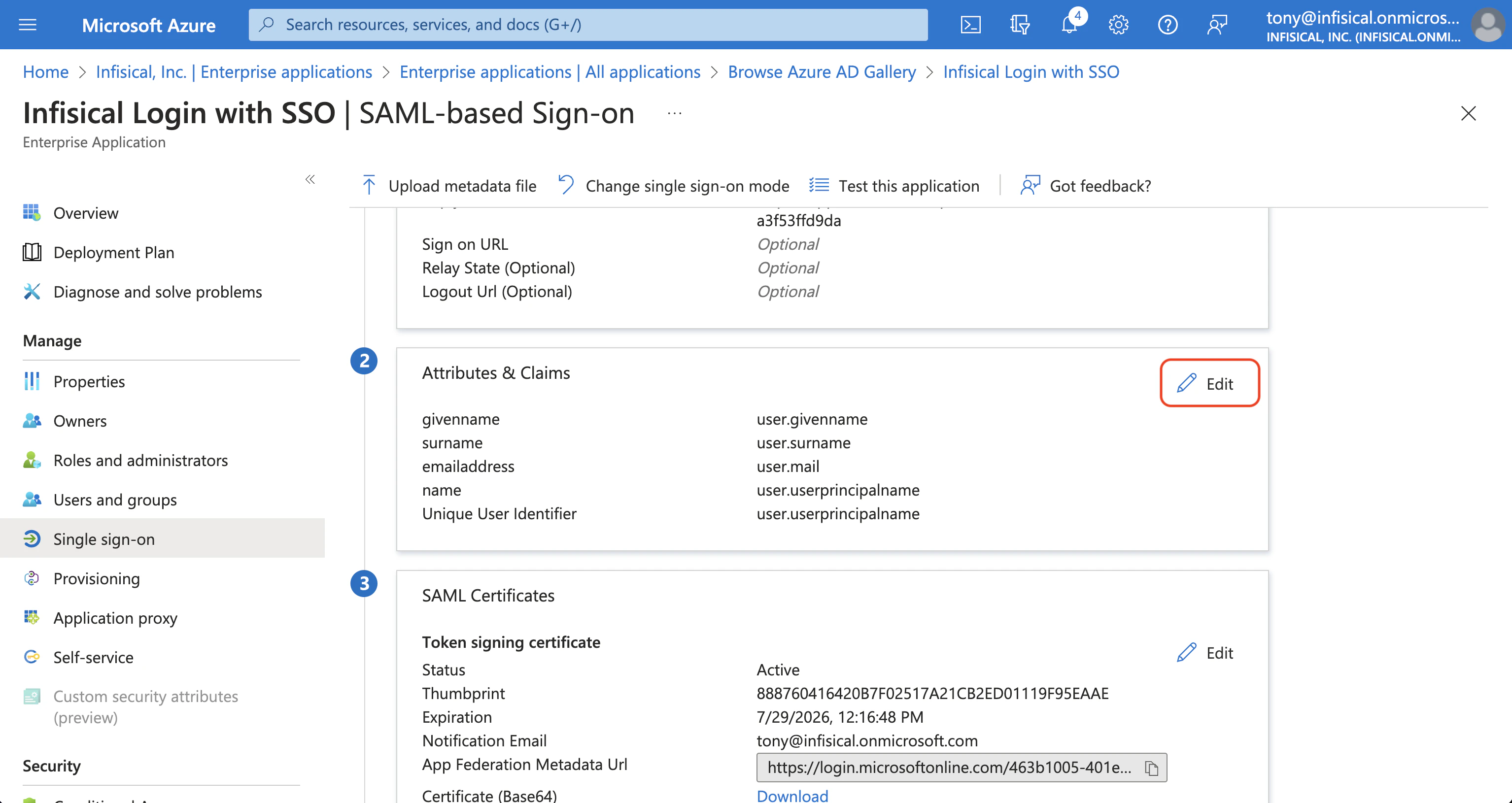 Azure SAML edit attributes and claims