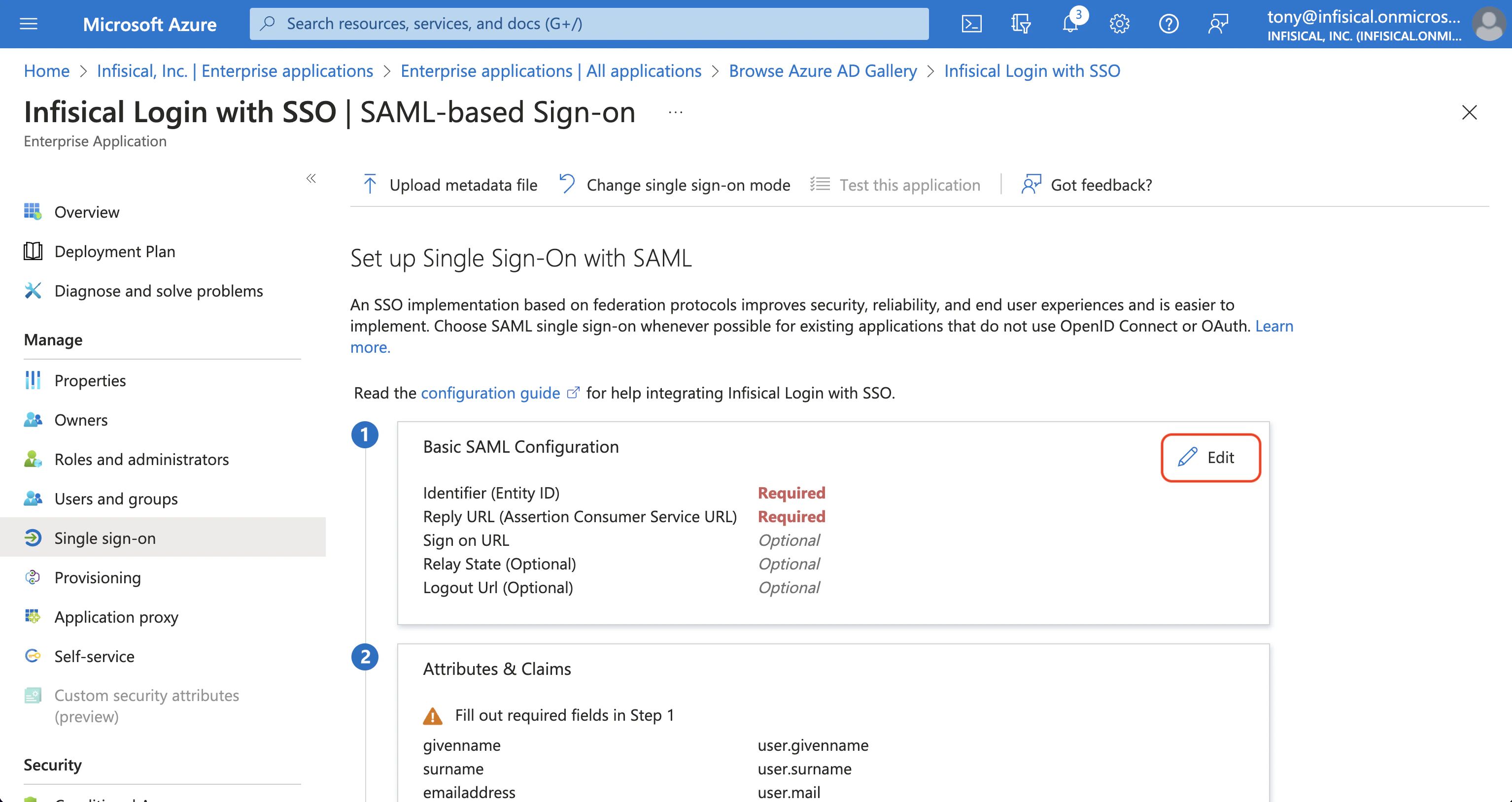 Azure SAML edit basic configuration