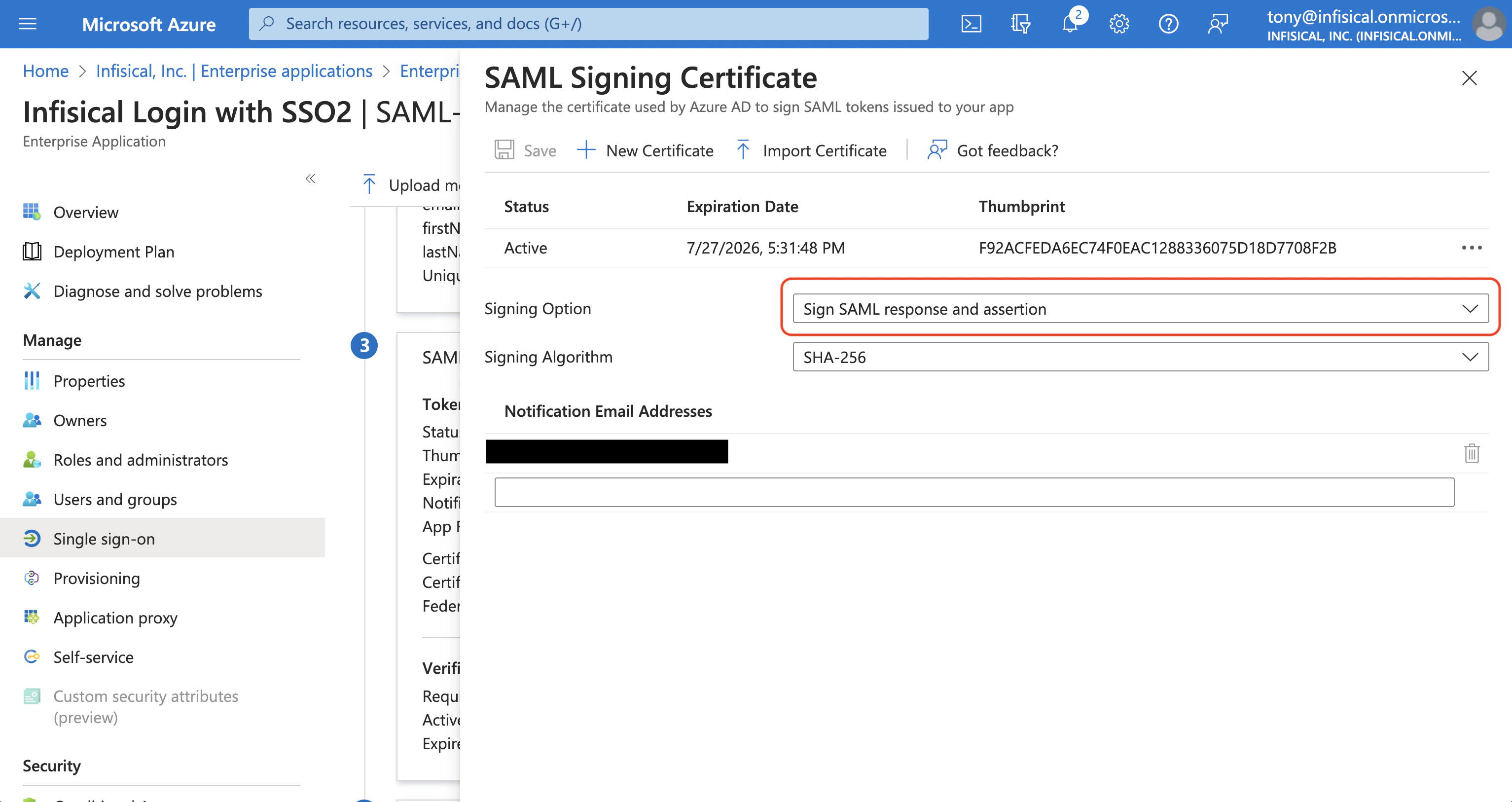 Azure SAML edit certificate signing option