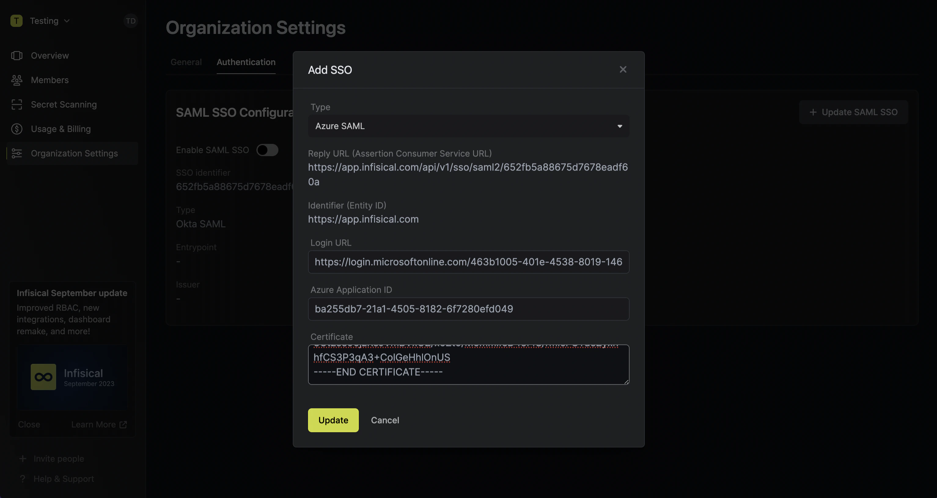 Azure SAML paste identity provider values