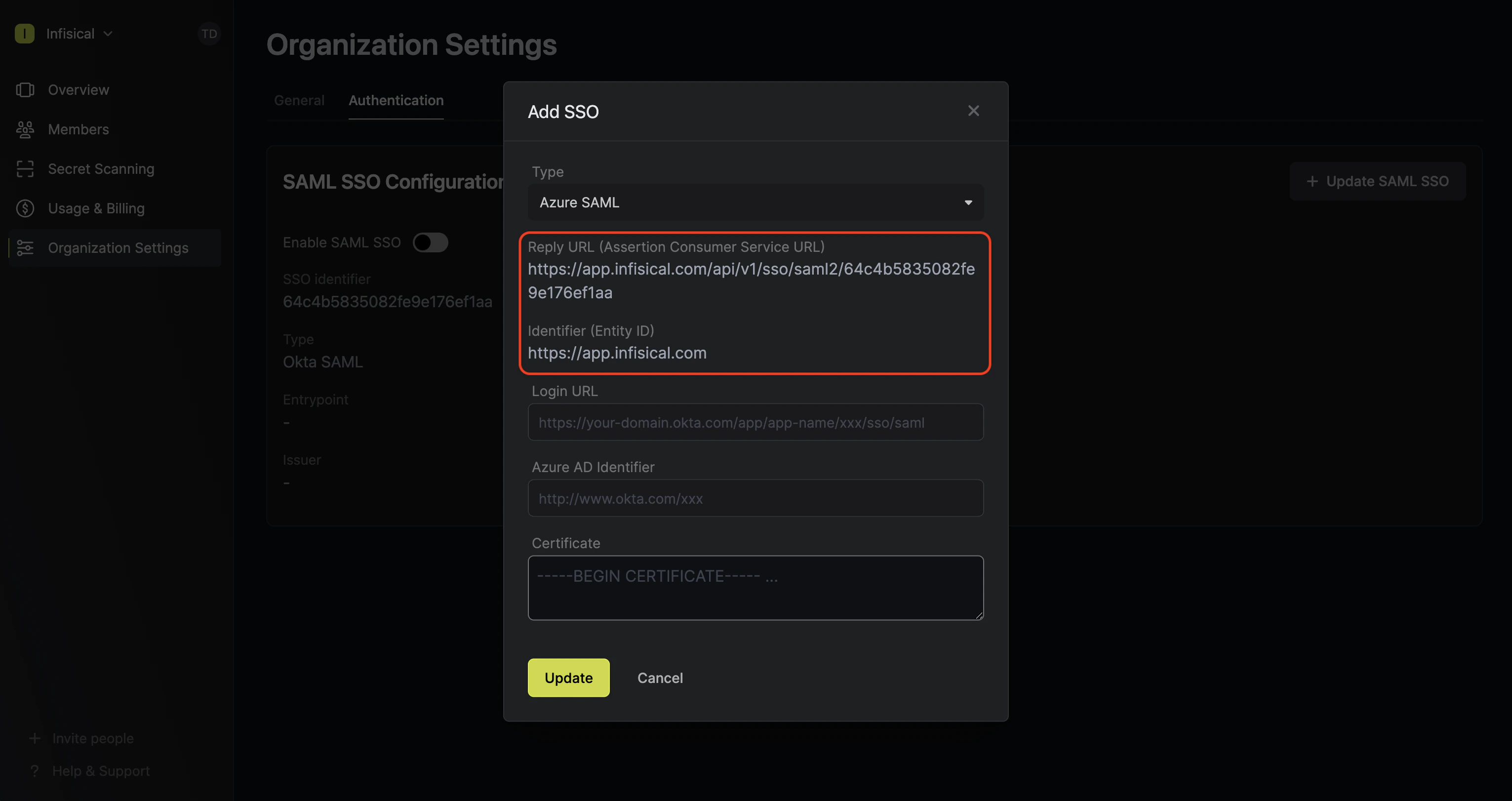 Azure SAML initial configuration