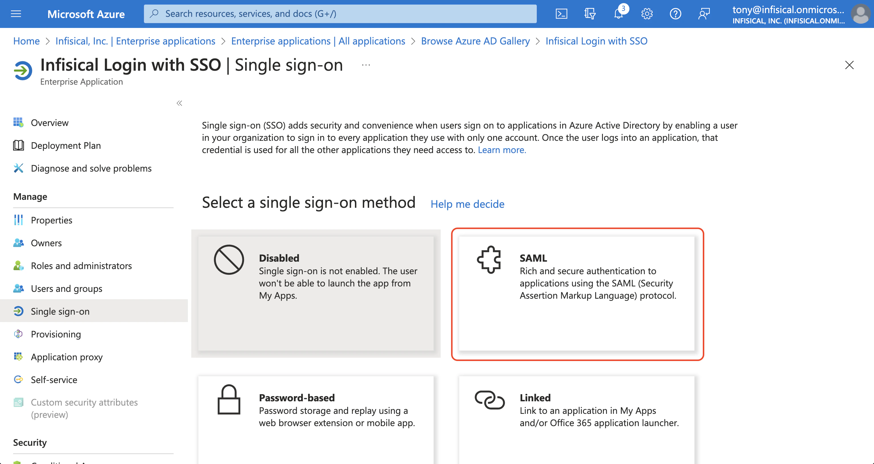 Azure SAML sign on method
