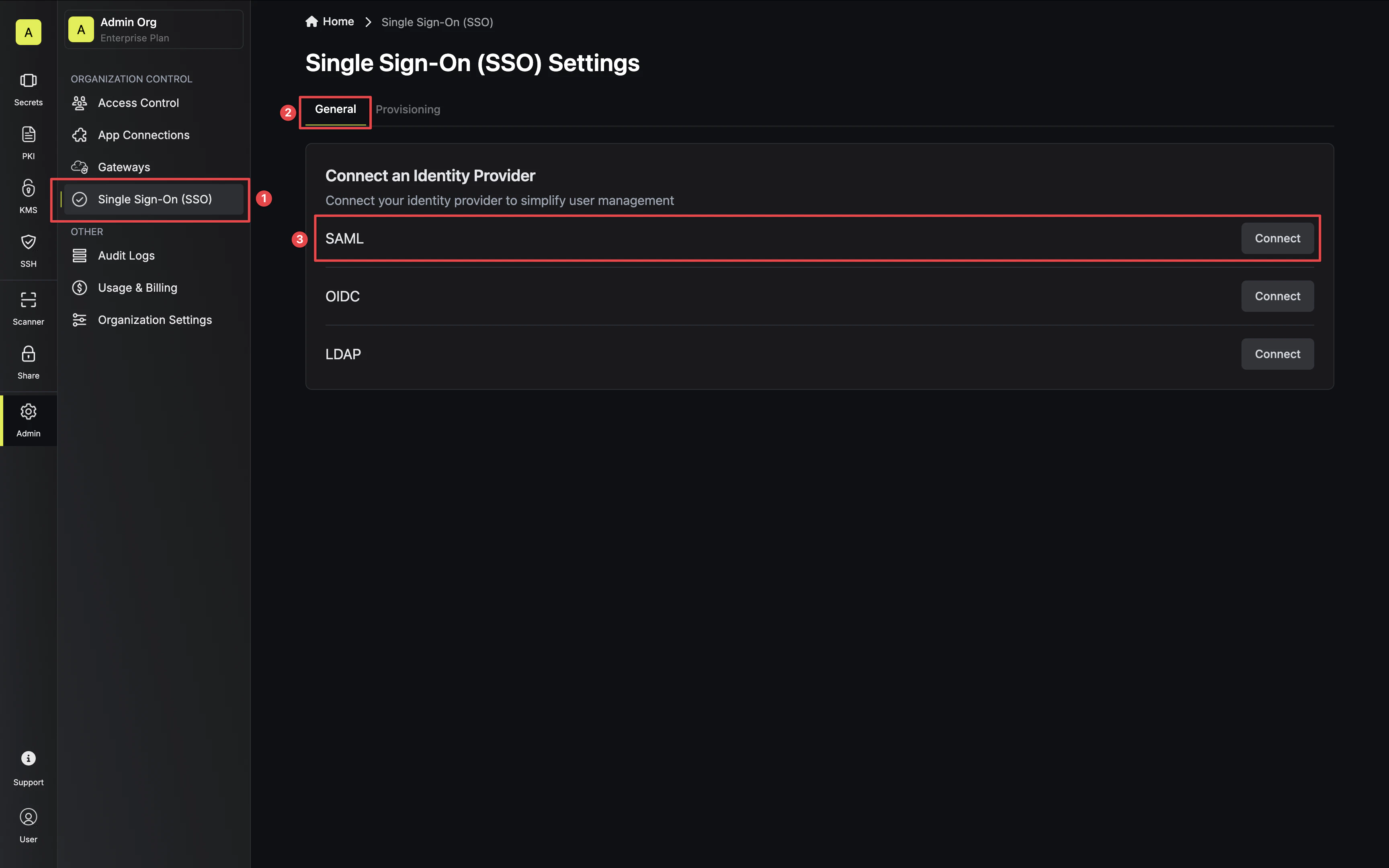 SSO connect section