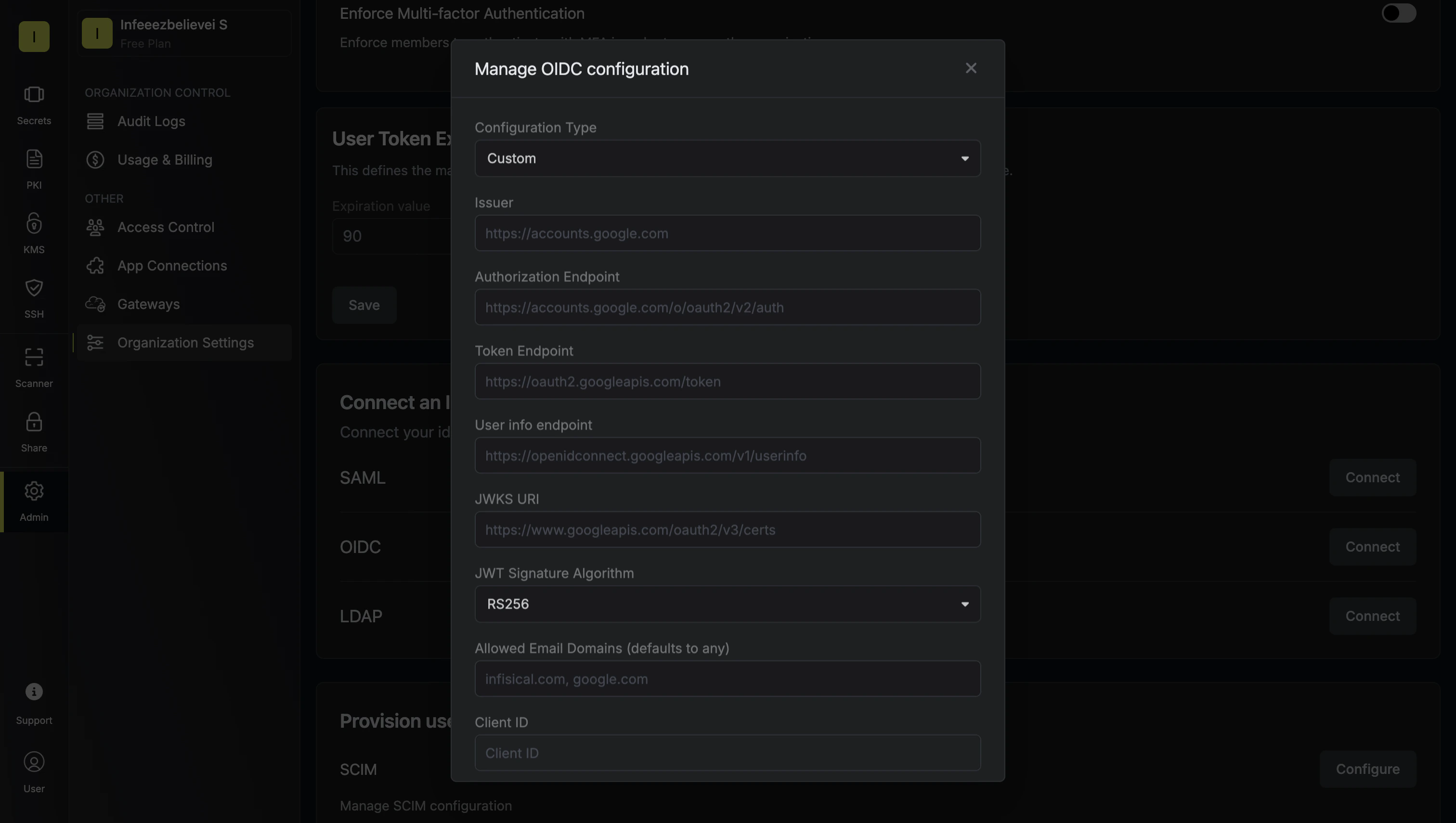 OIDC general custom config