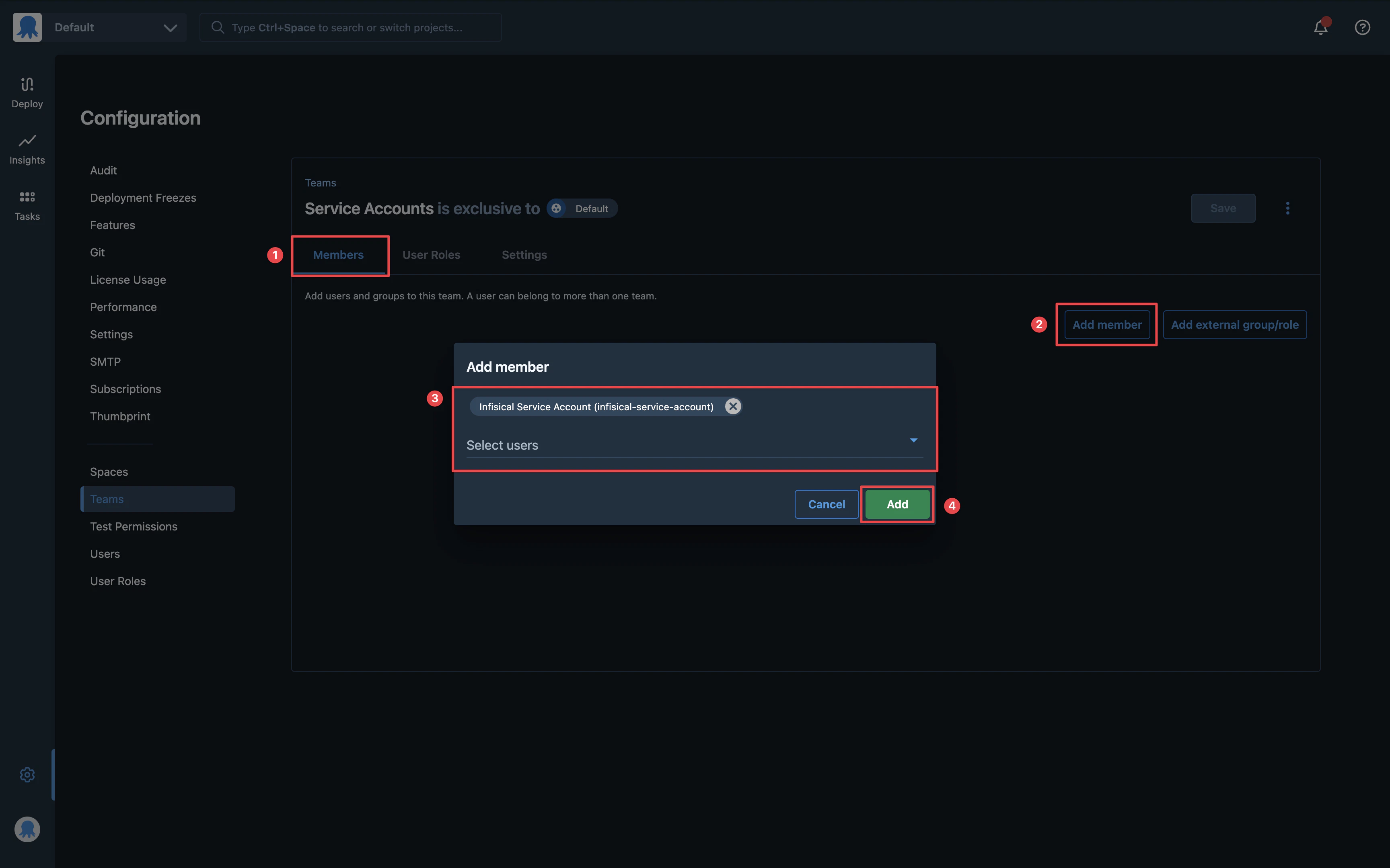 integrations octopus deploy add service account to team