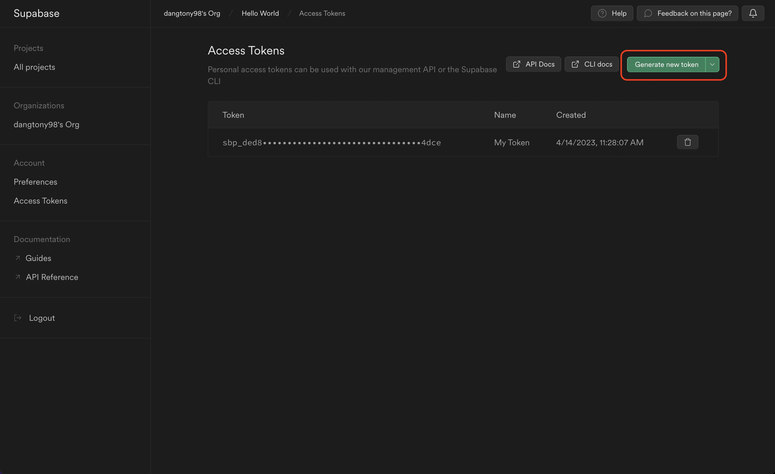 integrations supabase token