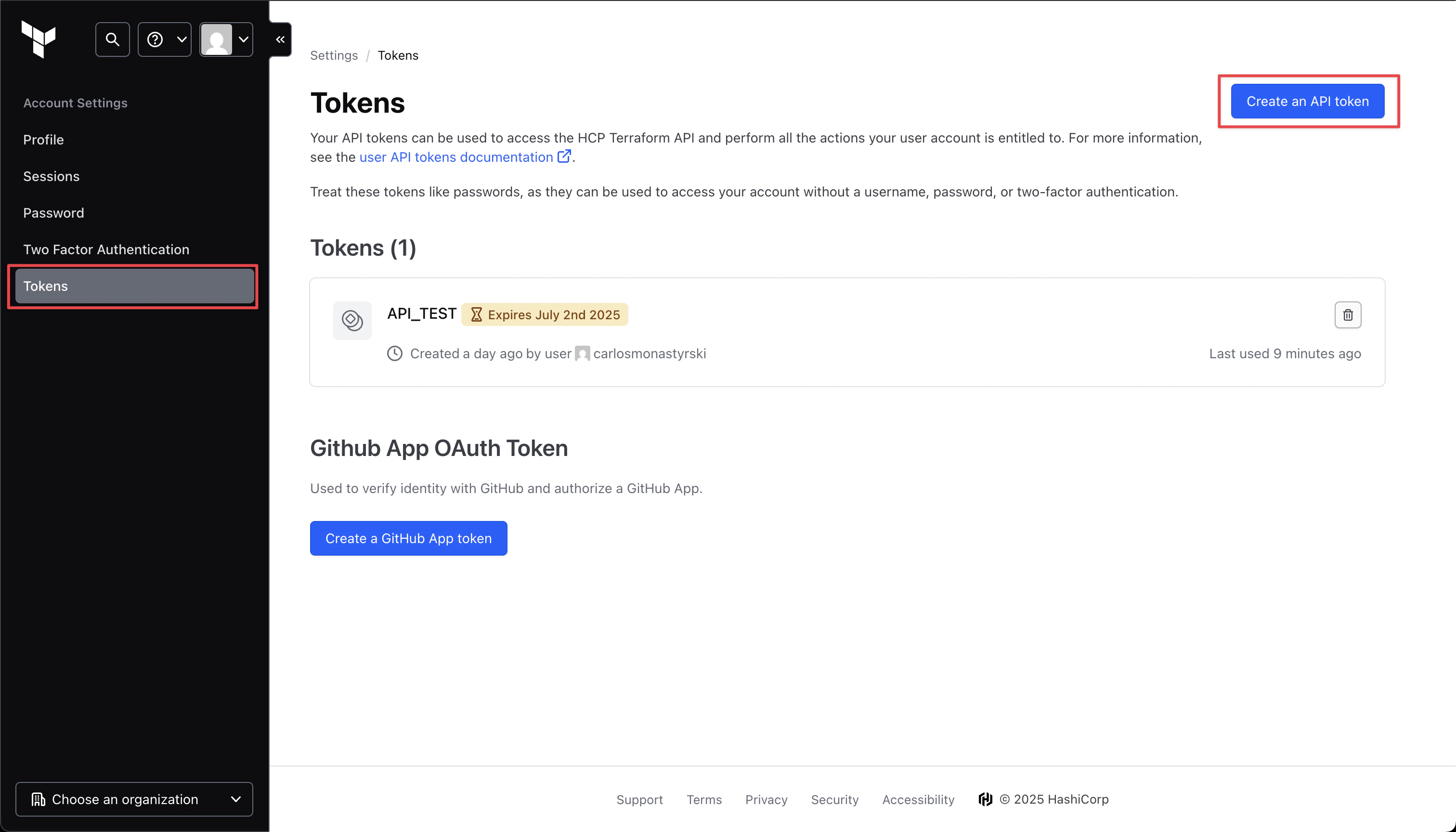 Terraform Cloud Tokens Tab
