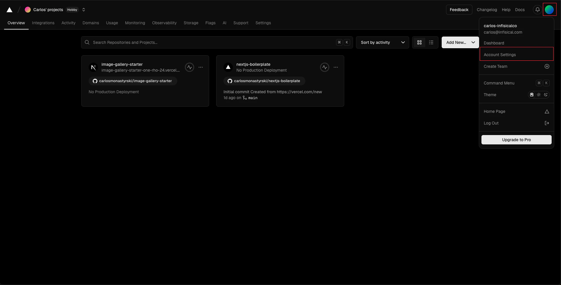 Vercel API Tokens Tab