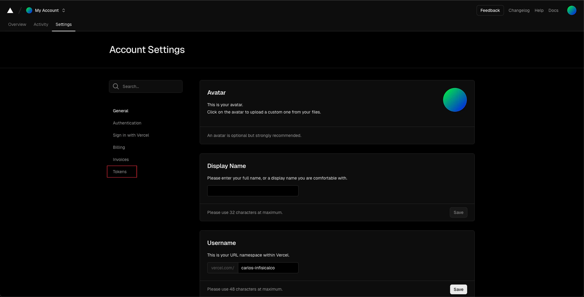 Vercel API Tokens Tab