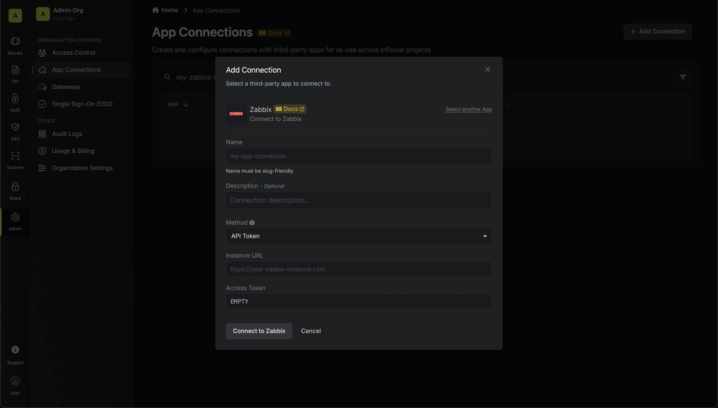 Zabbix Connection Modal