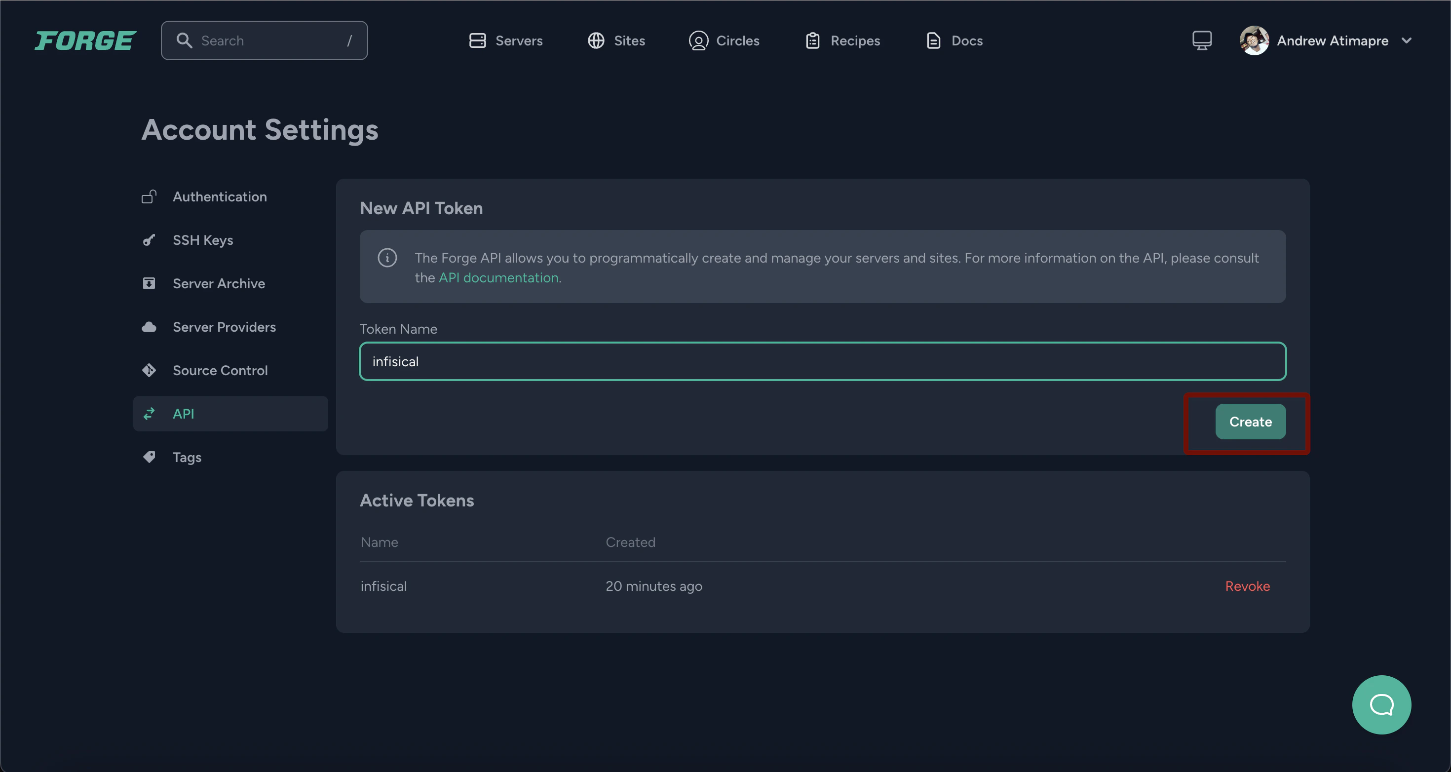 integrations laravel forge api tokens