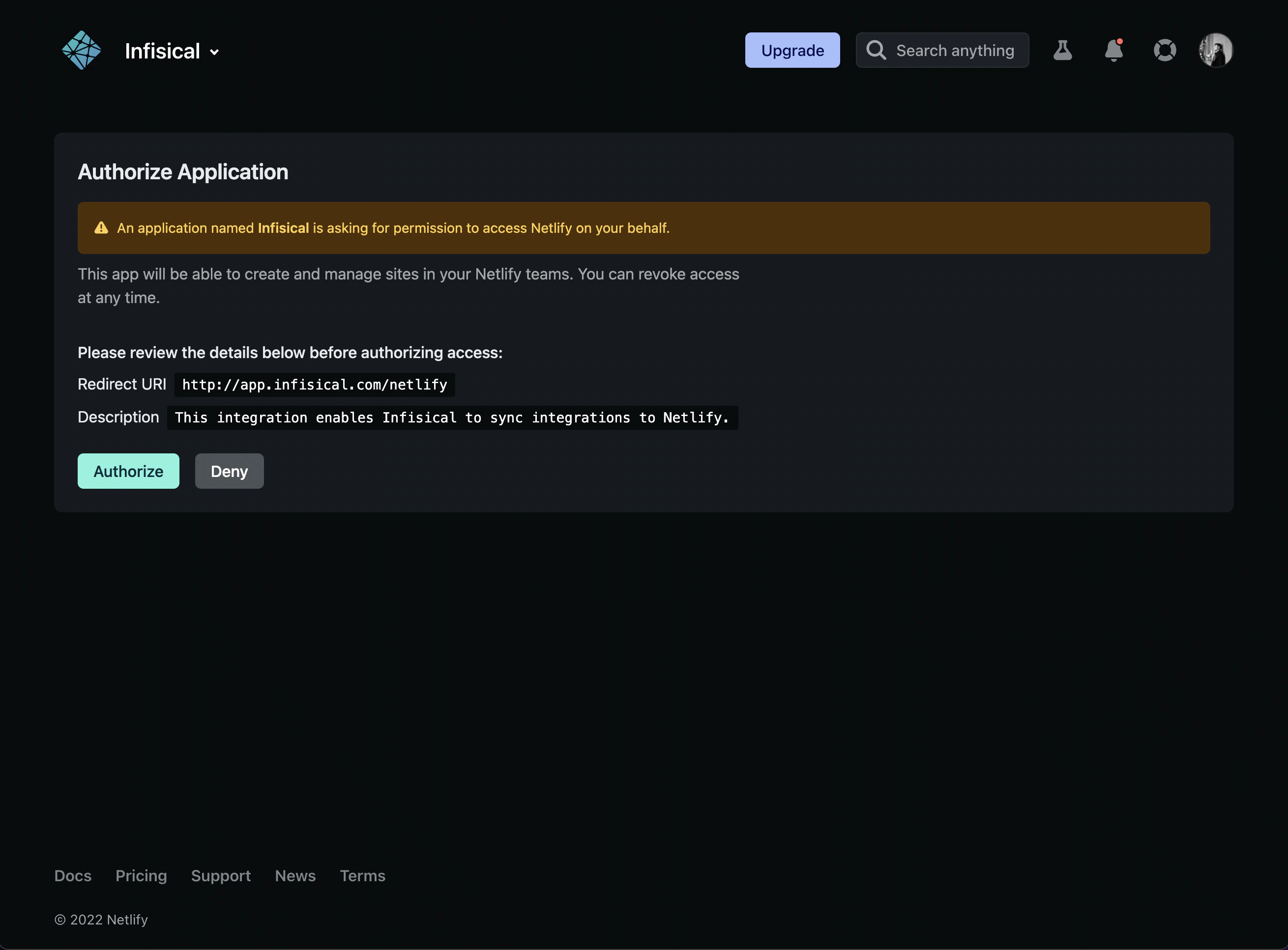 integrations netlify authorization