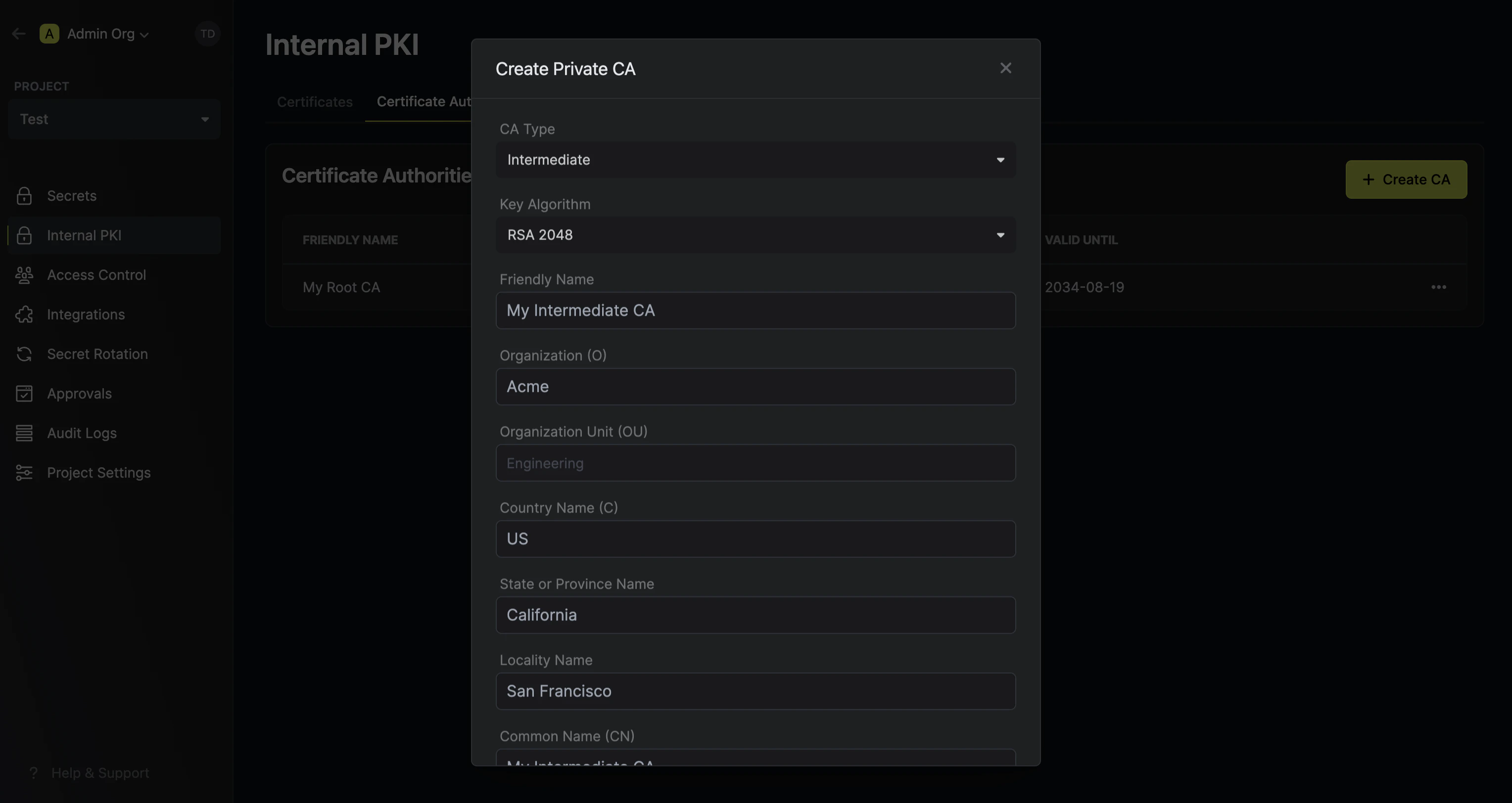 pki create intermediate ca