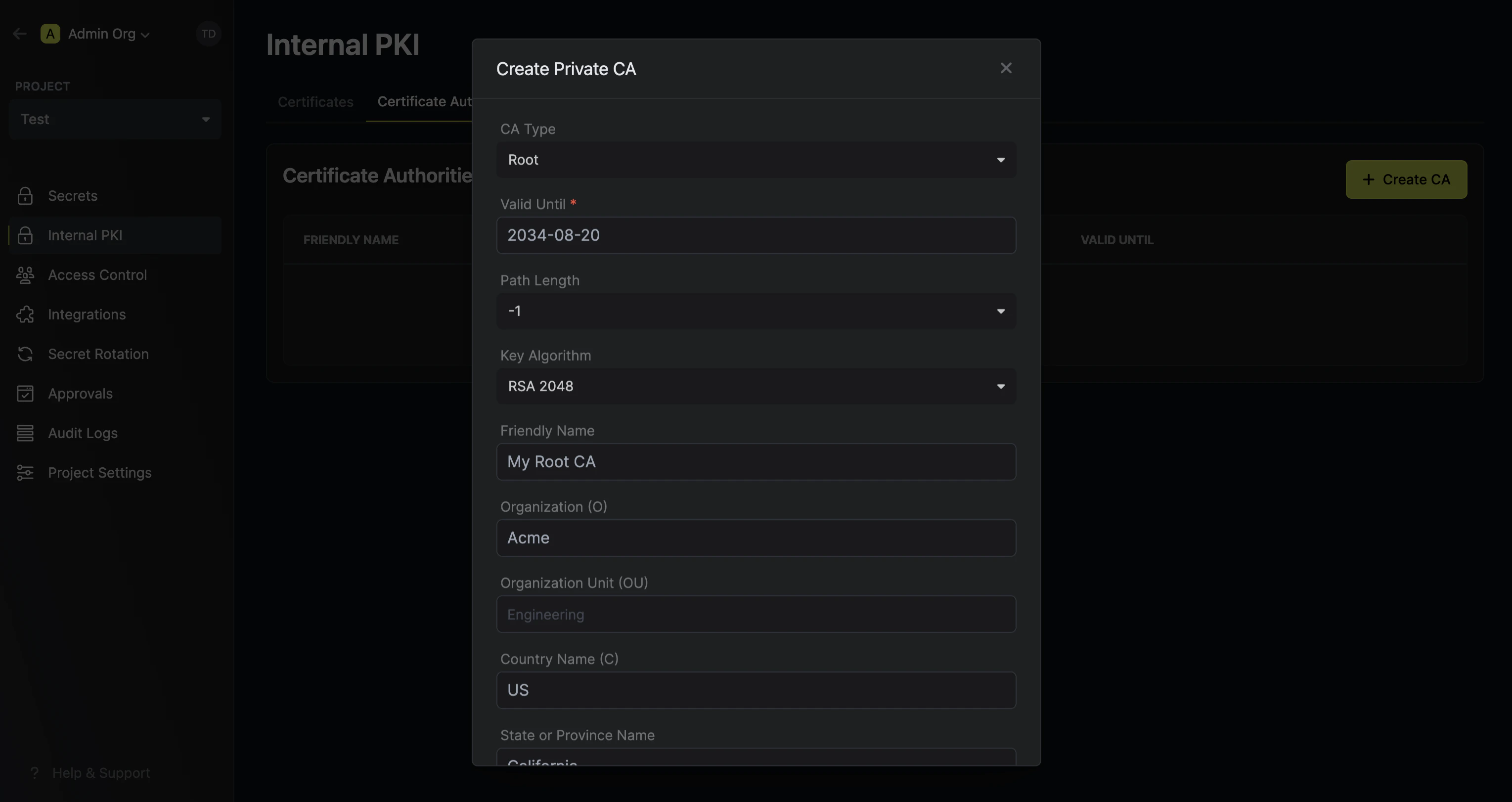 pki create root ca