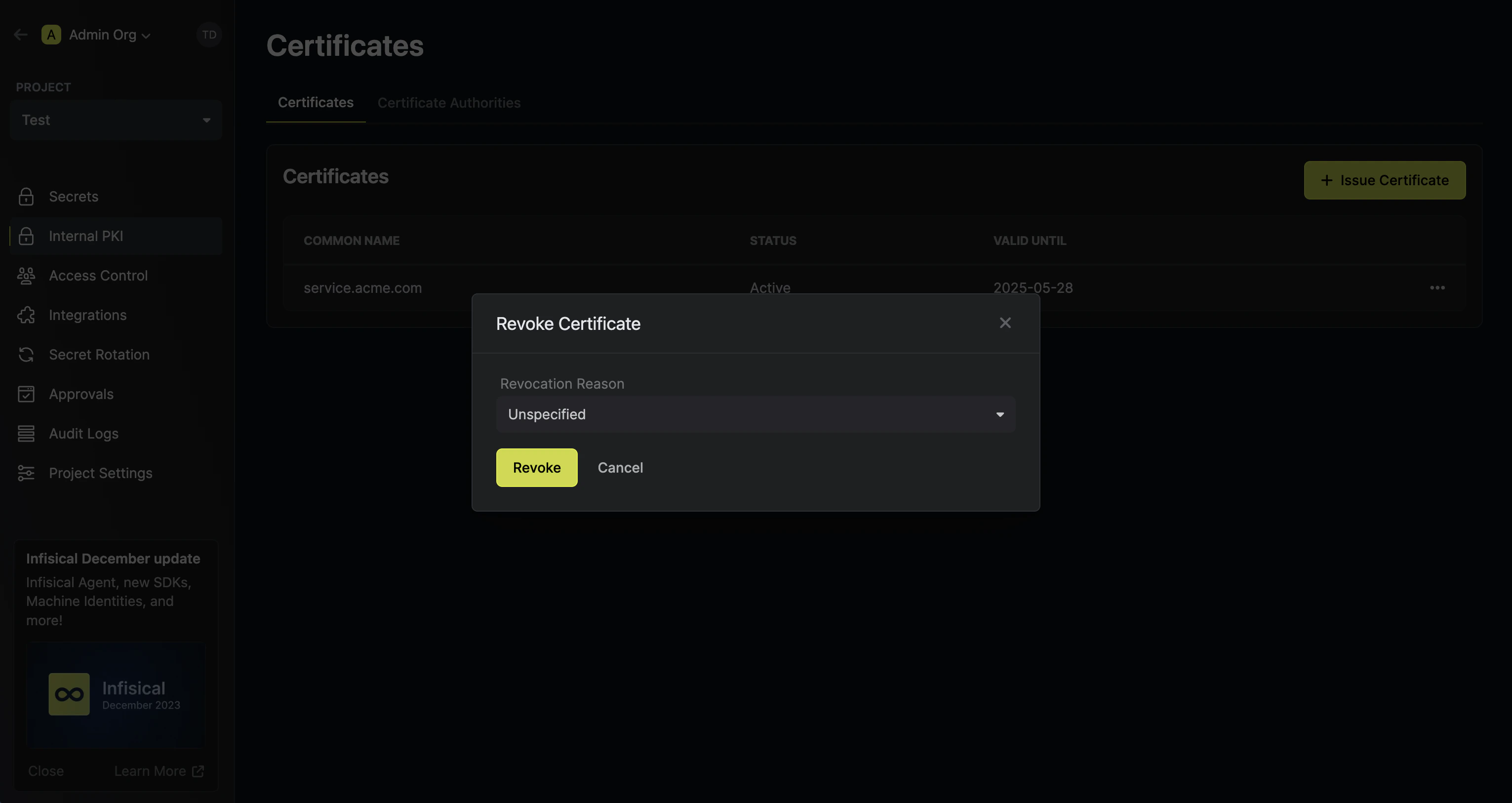 pki revoke certificate modal