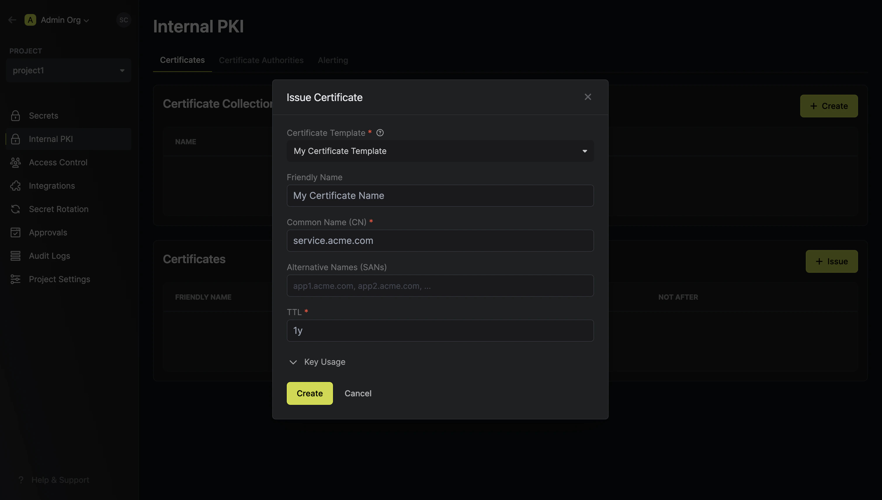 pki issue certificate modal