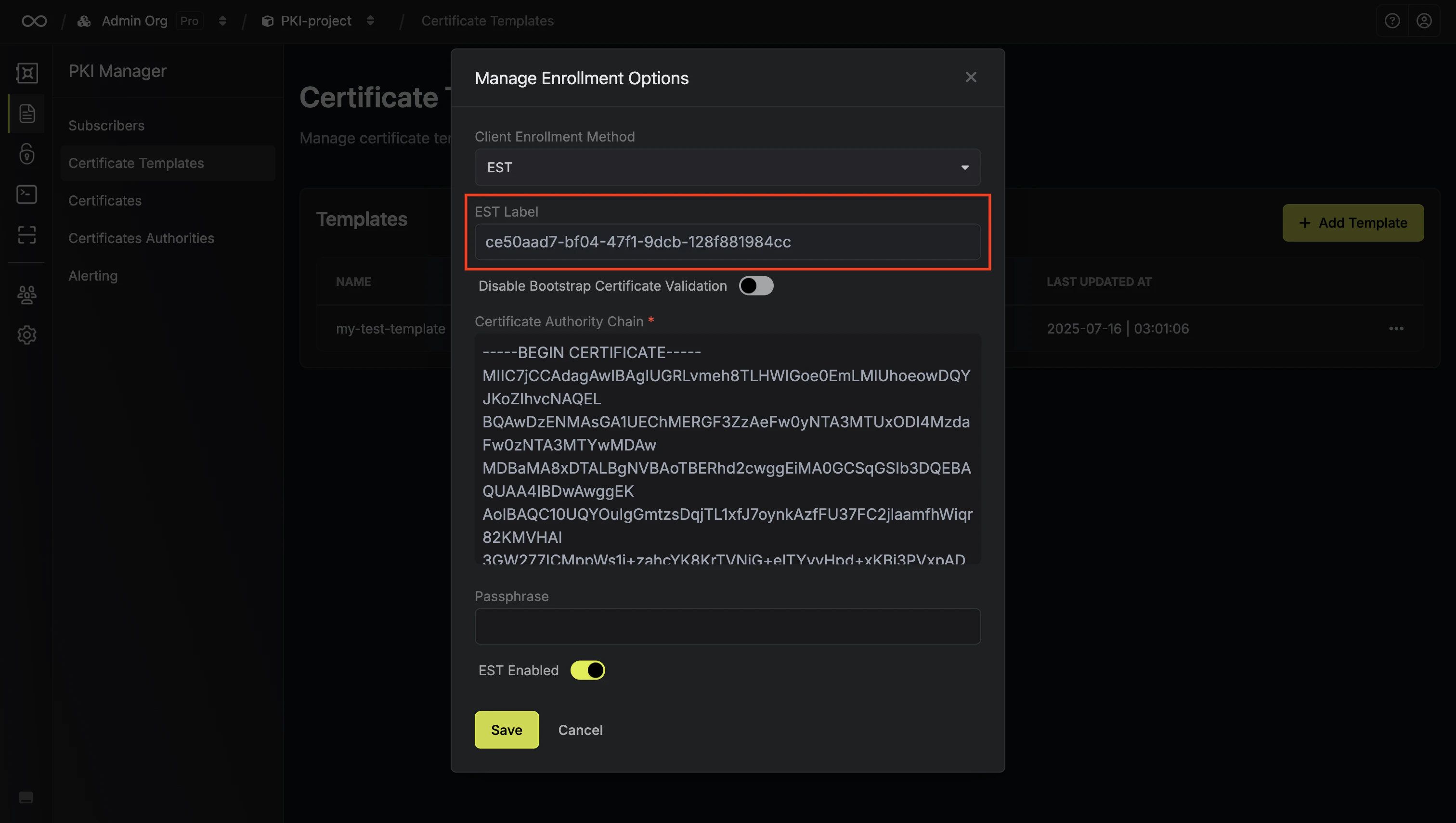 est enrollment modal create