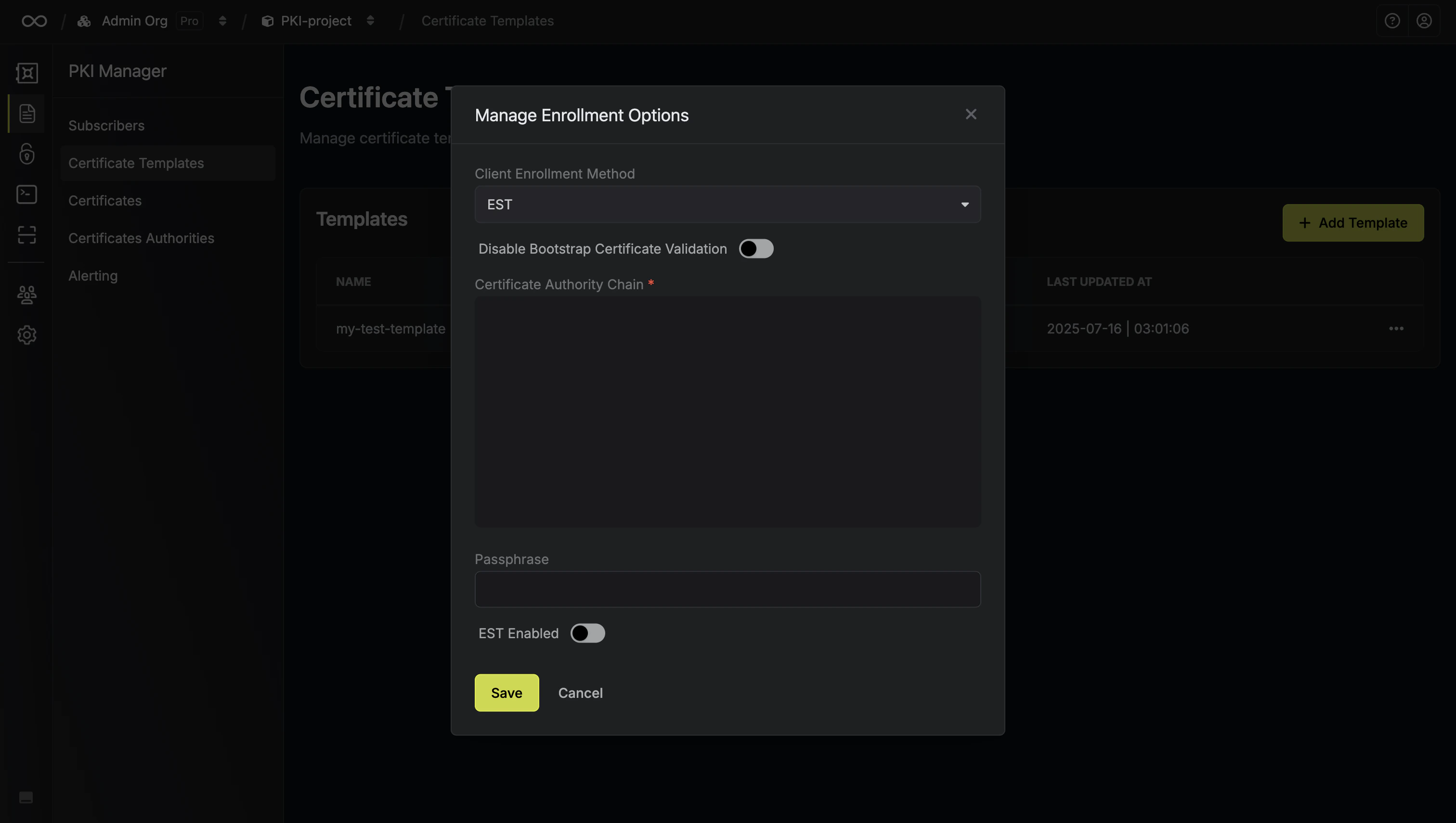 est enrollment modal create