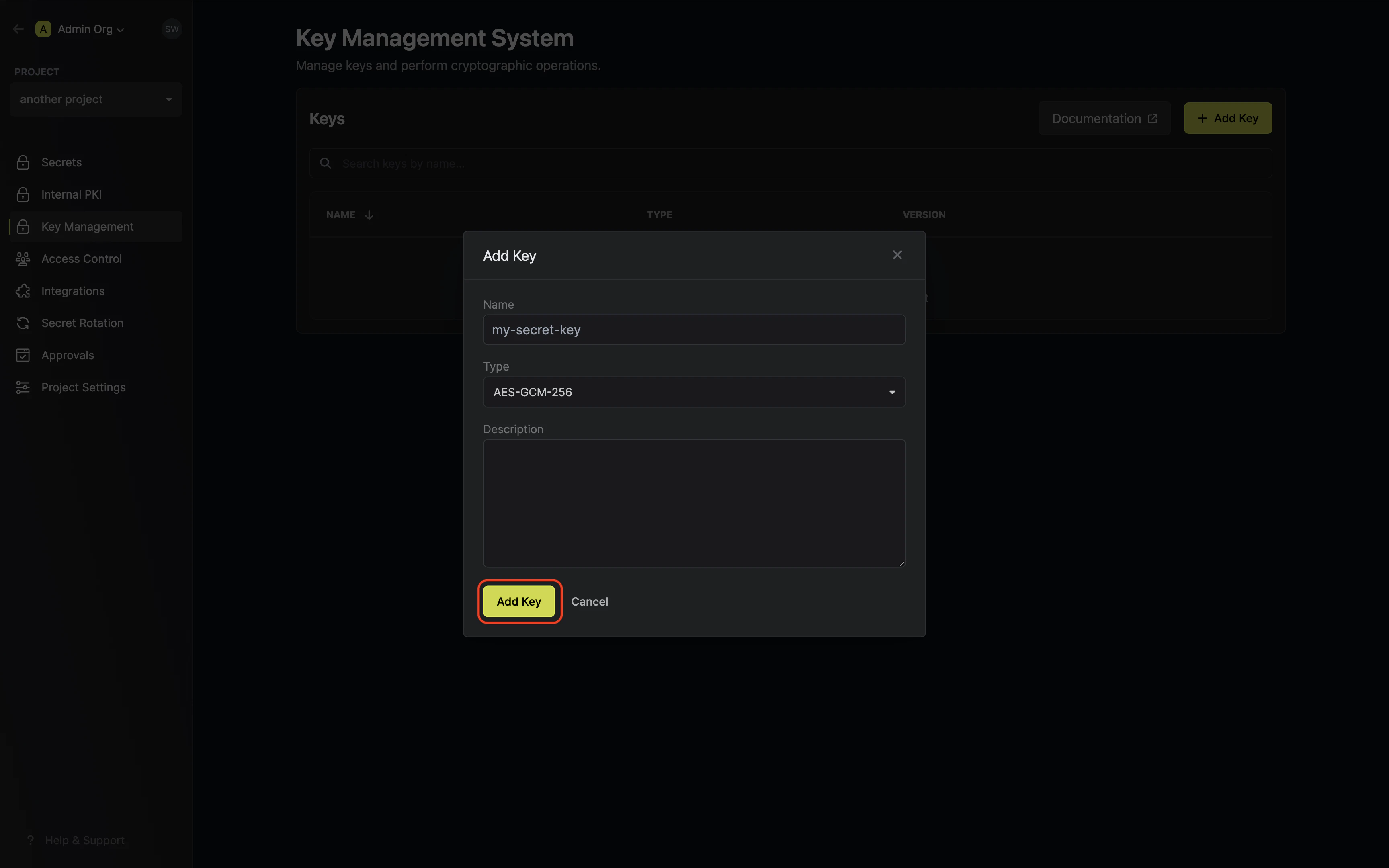 kms add key modal