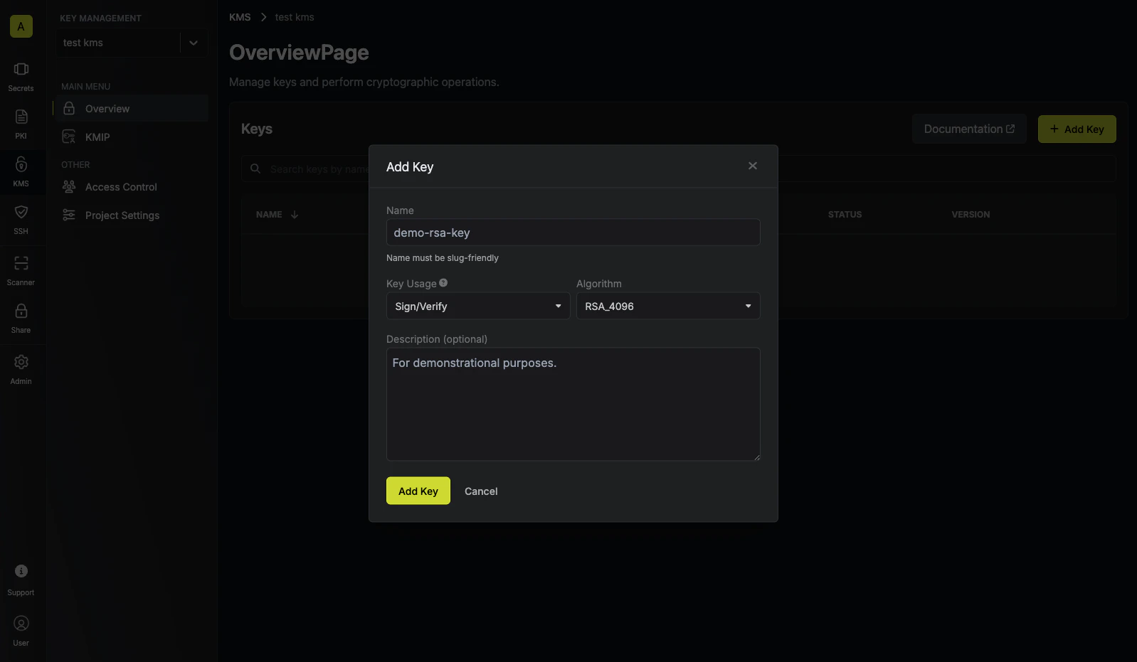 kms add key modal