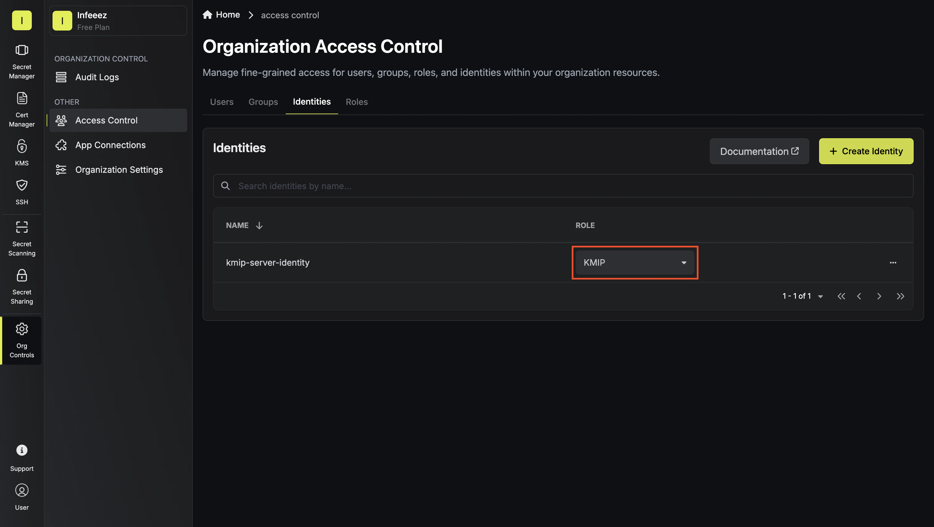 KMIP assign role to machine identity