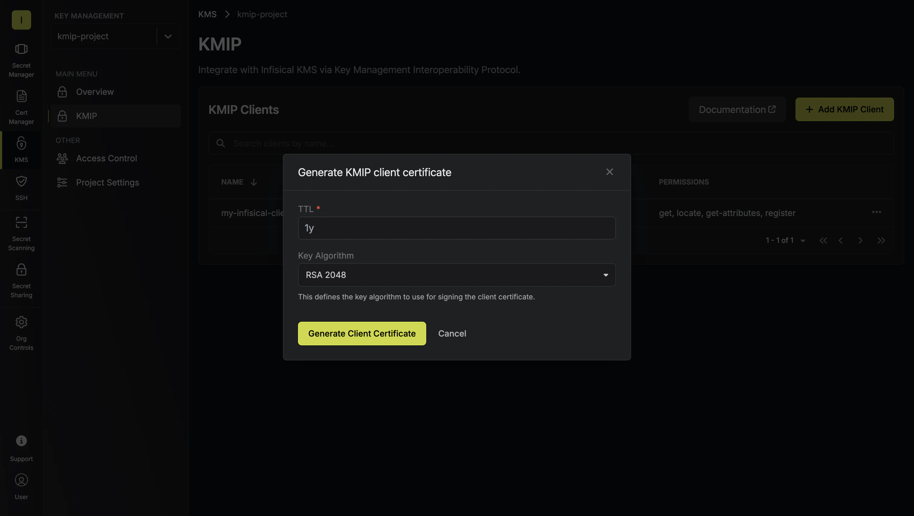 KMIP client cert config