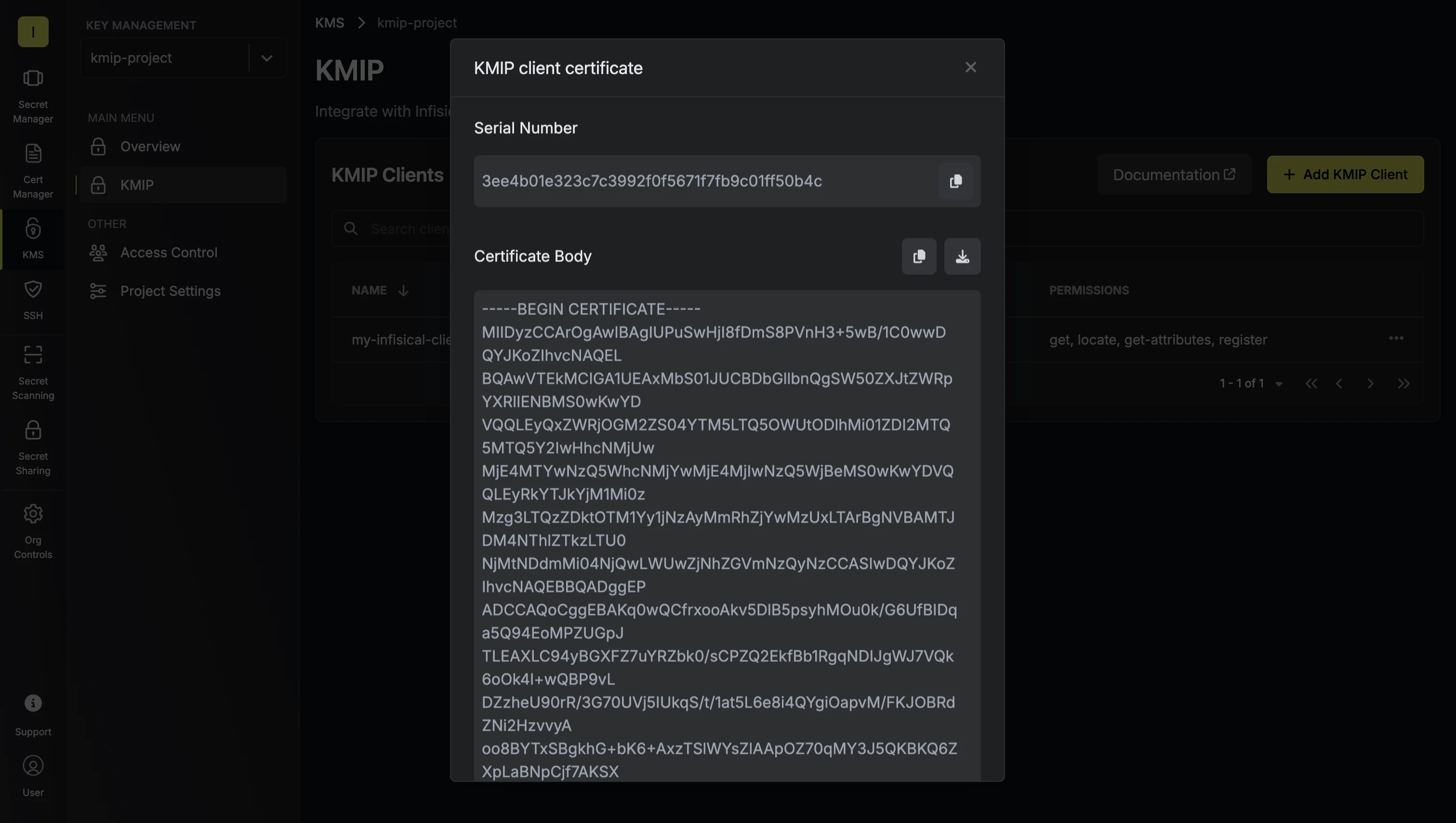 KMIP client cert modal