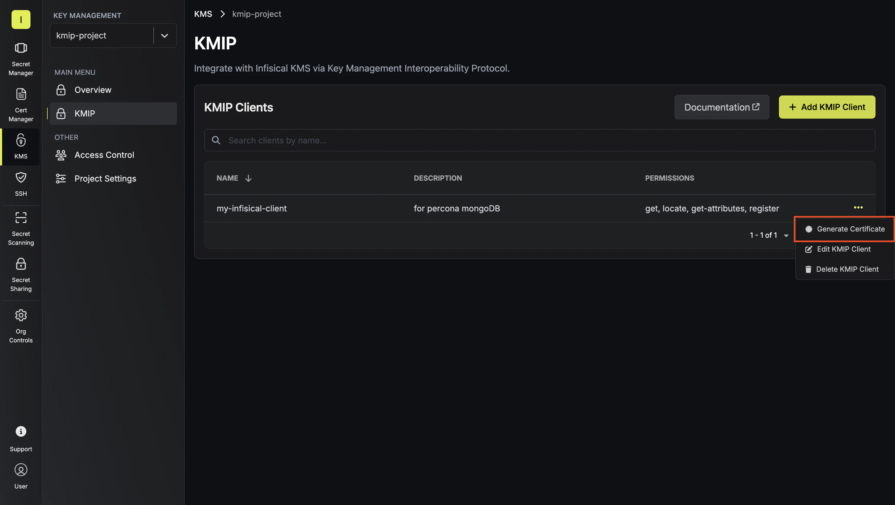 KMIP generate client cert