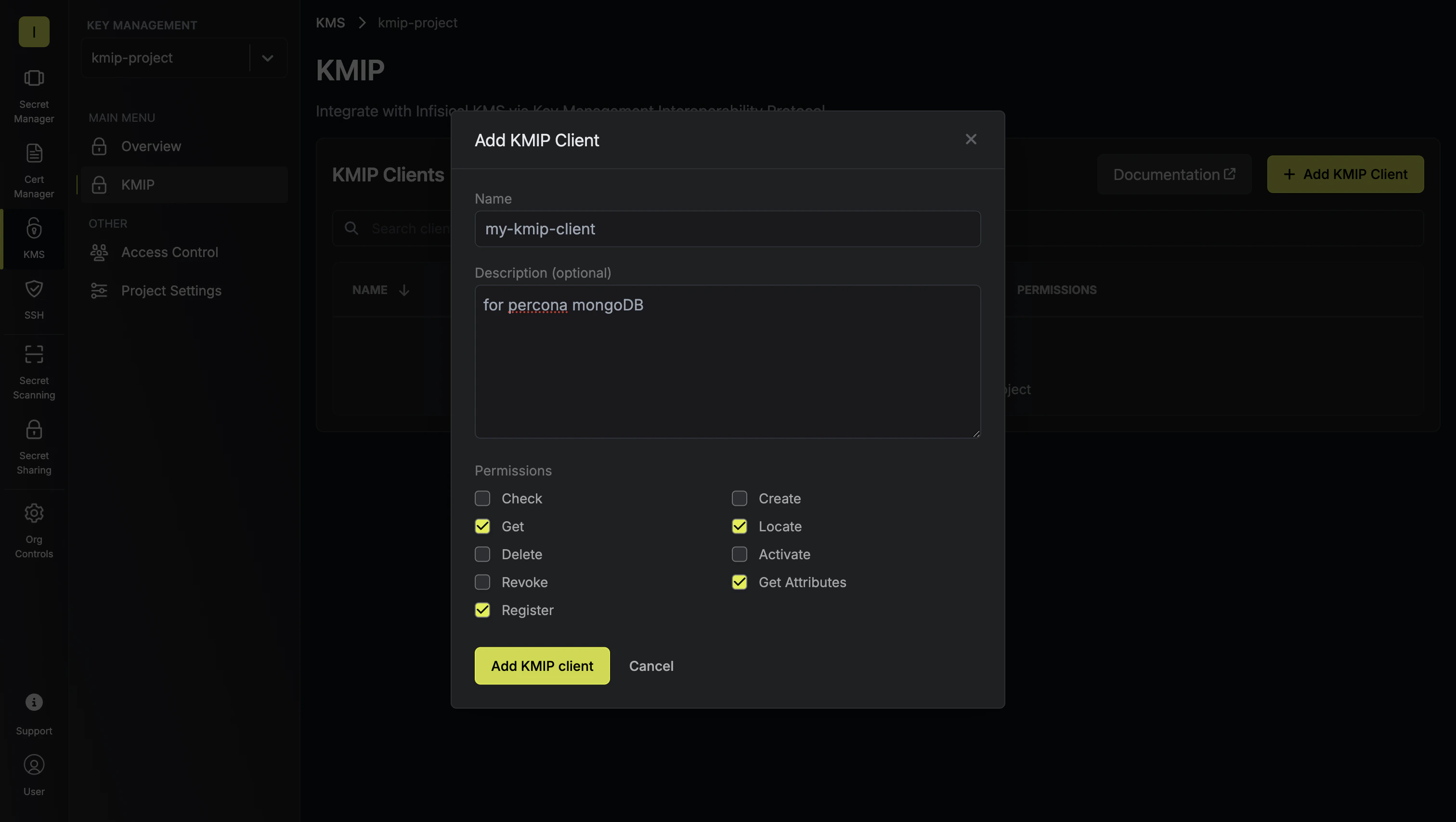 KMIP client modal