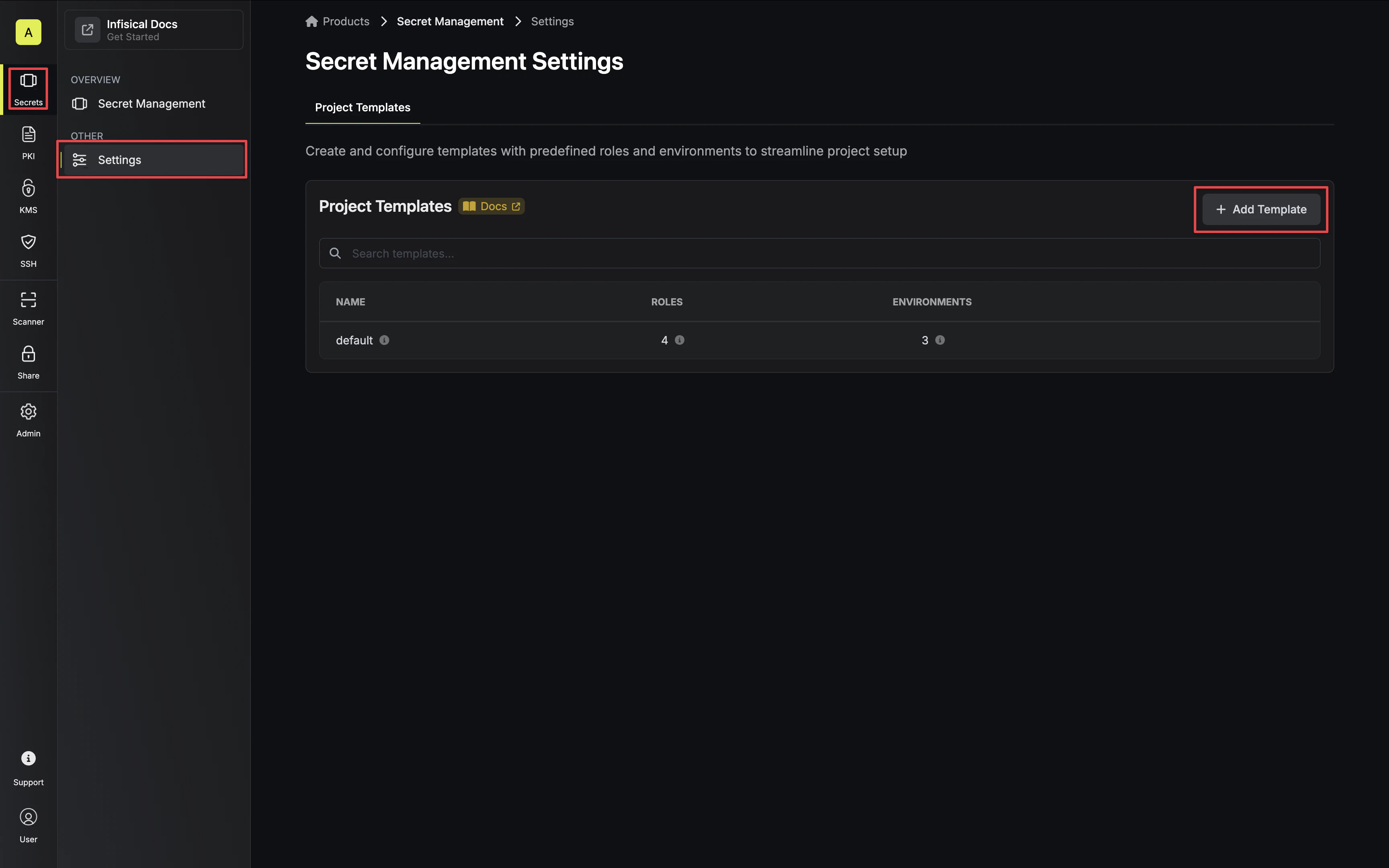 project template add button