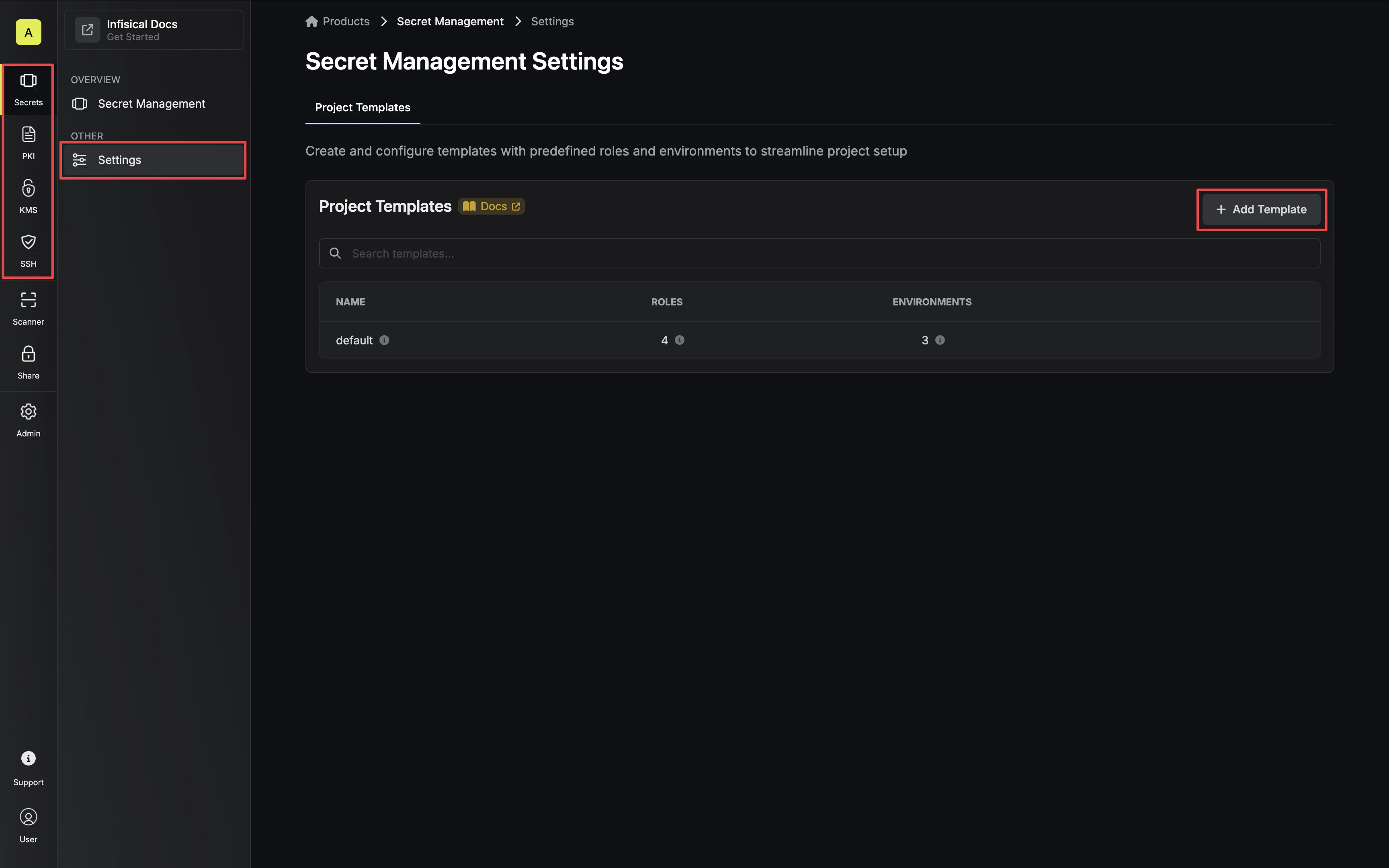 project template create modal