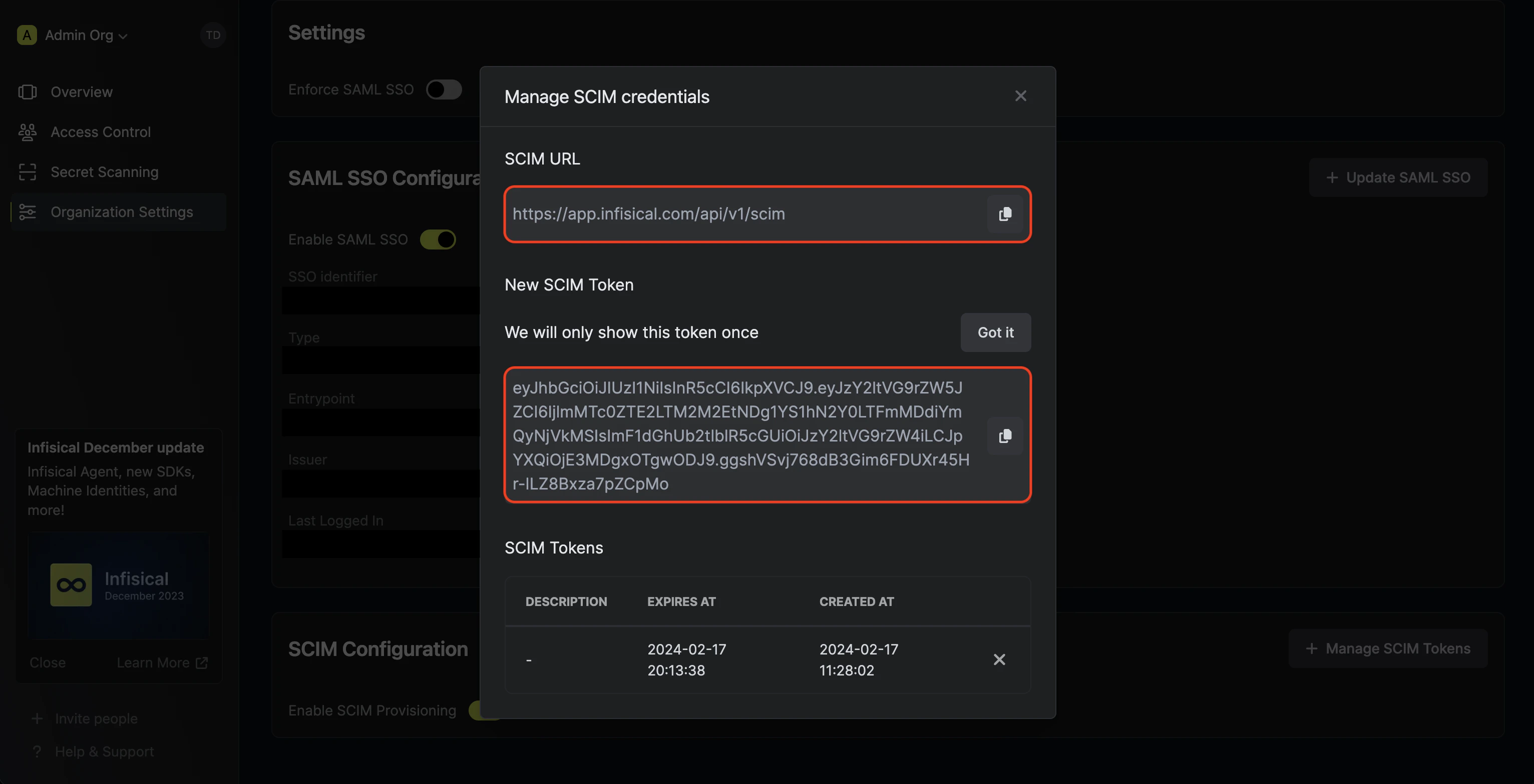 SCIM copy token