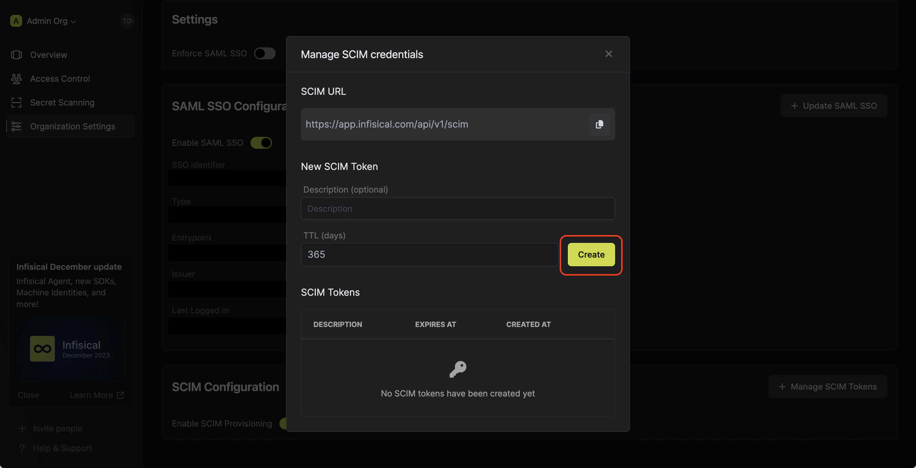 SCIM create token