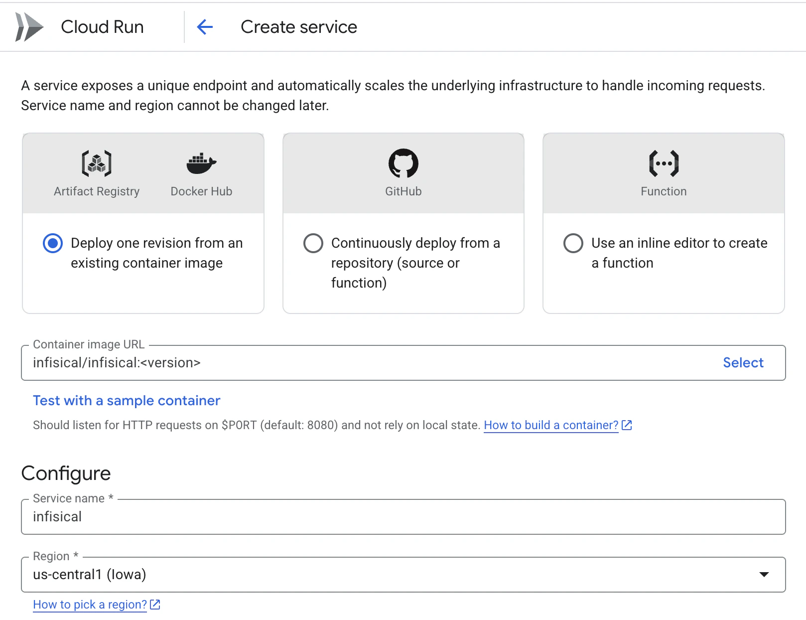 Cloud Run container image settings UI