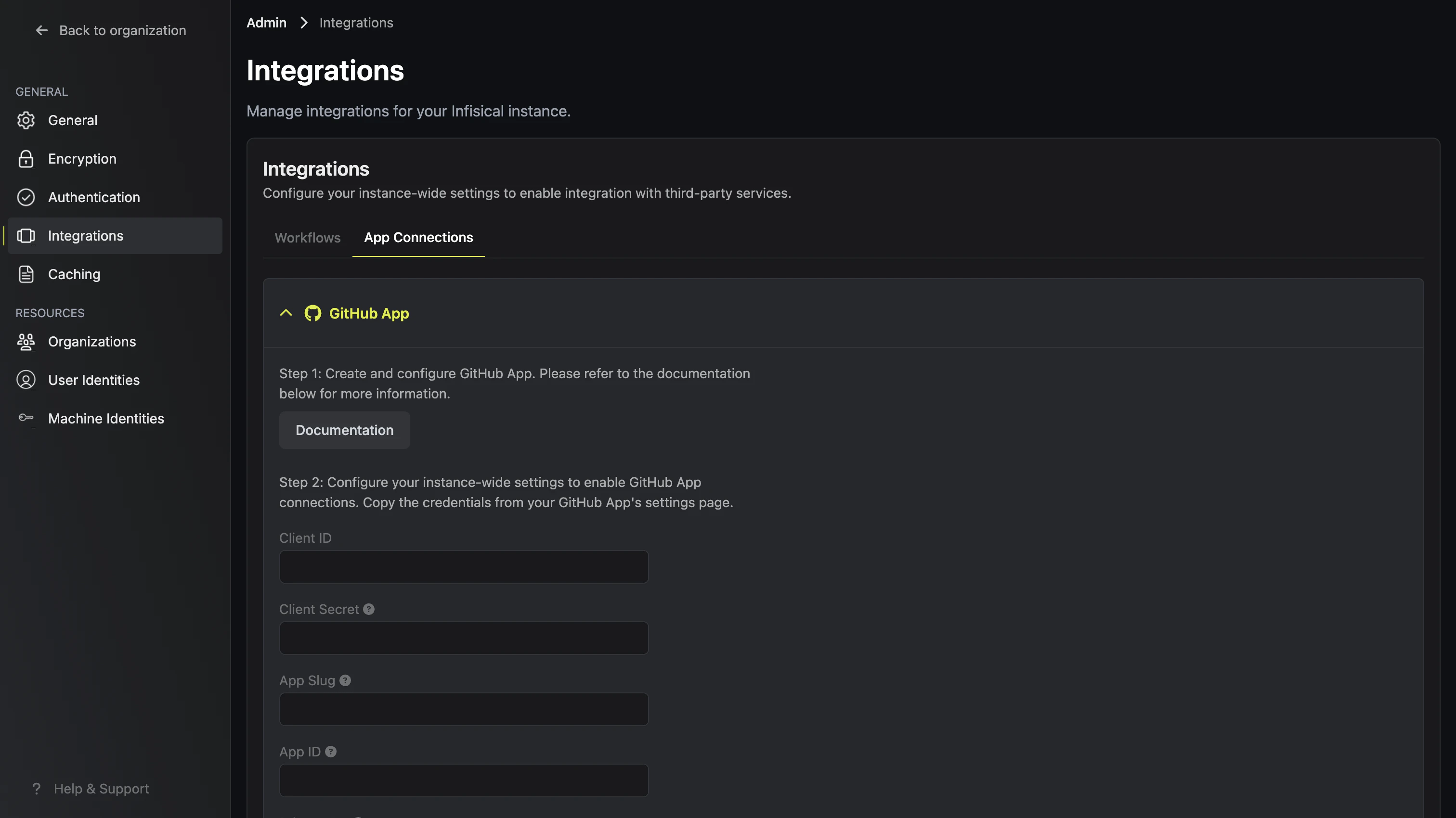 integrations github app admin panel