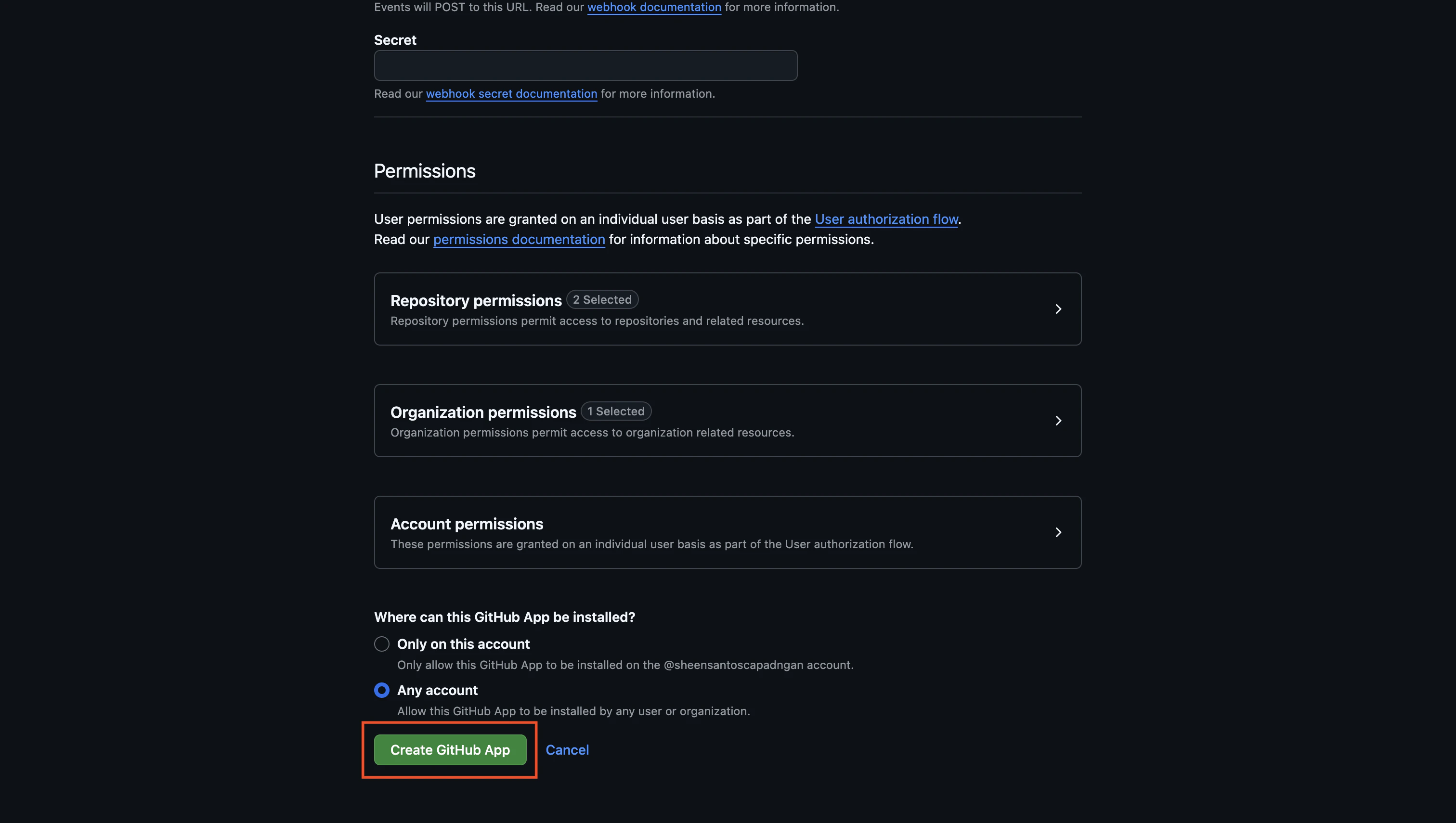 integrations github app create confirm