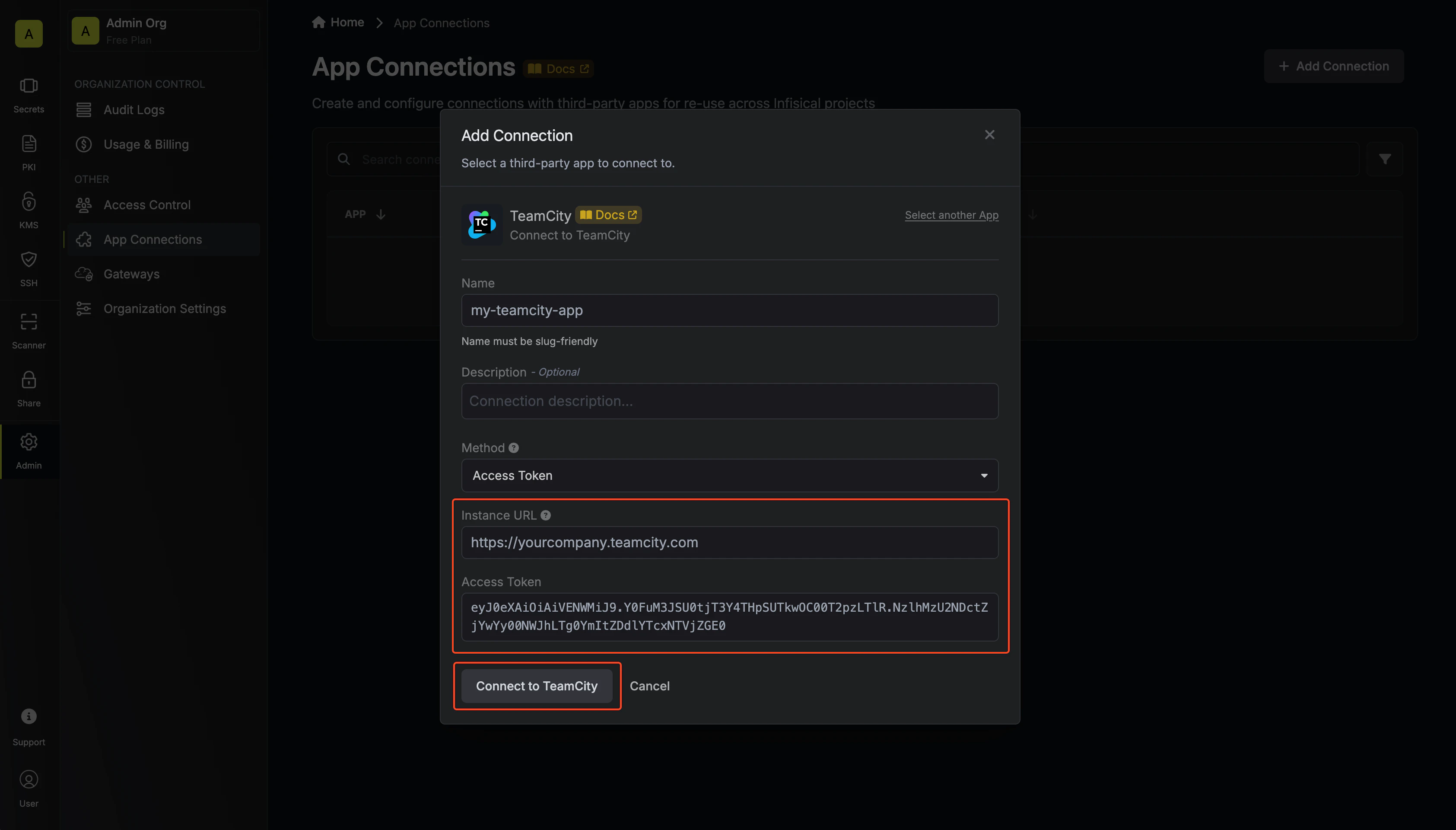 TeamCity Connection Modal