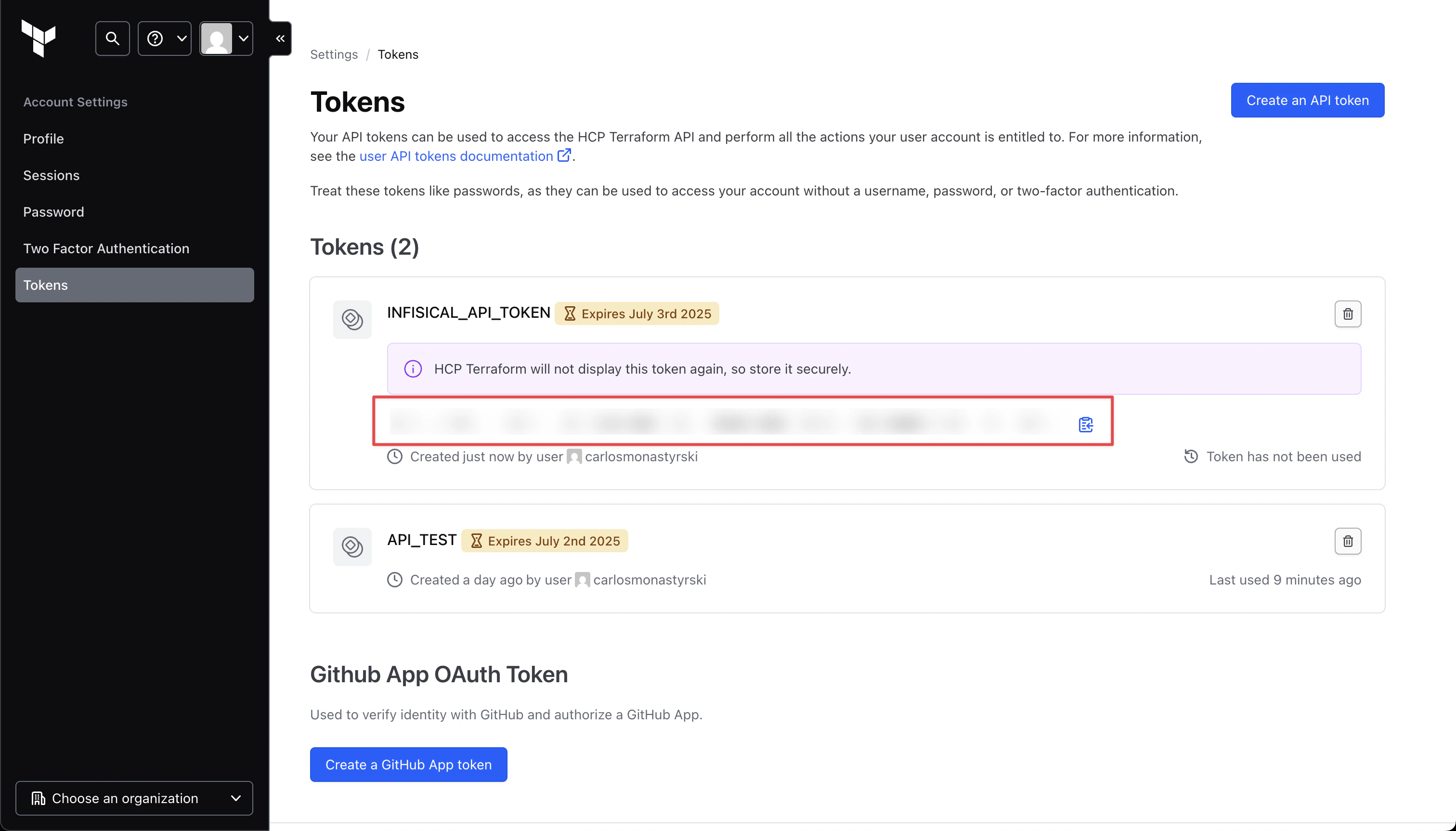Terraform Cloud Copy API Token