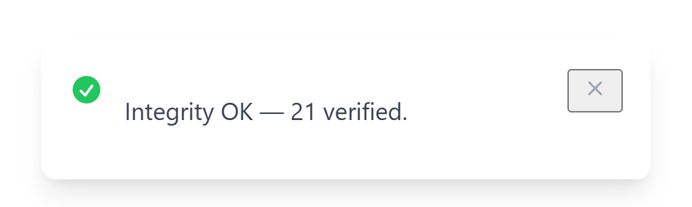 Verify integrity success toast reading Integrity OK — 21 verified